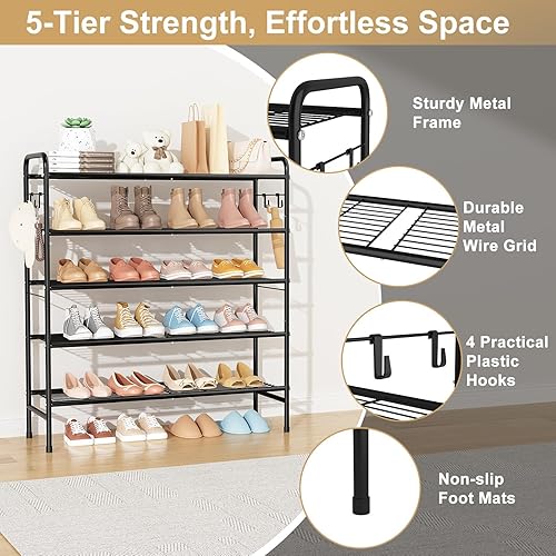 Miniatura 4 de Zapatero de 5 niveles de 33 pulgadas de ancho, organizador de zapatos largo con 4 ganchos laterales, estante resistente para zapatos para armario,