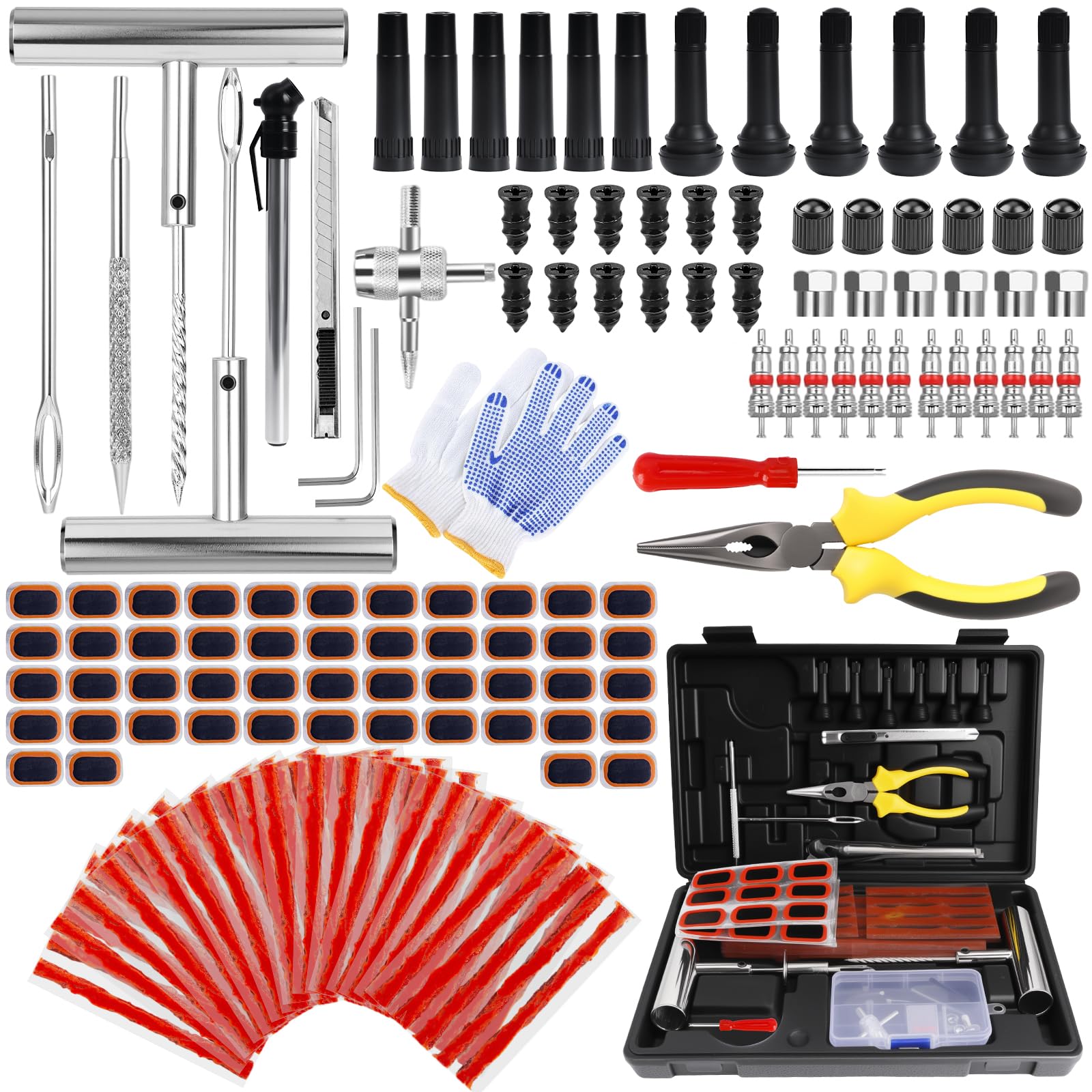 Kit de Réparation de Pneu 160 Pièces Outils de Réparation de Pneus de Voiture avec Boîte à Outils Portable Kit Meche Pneu Crevaison Voiture pour Voitures Motos Camion Tracteur