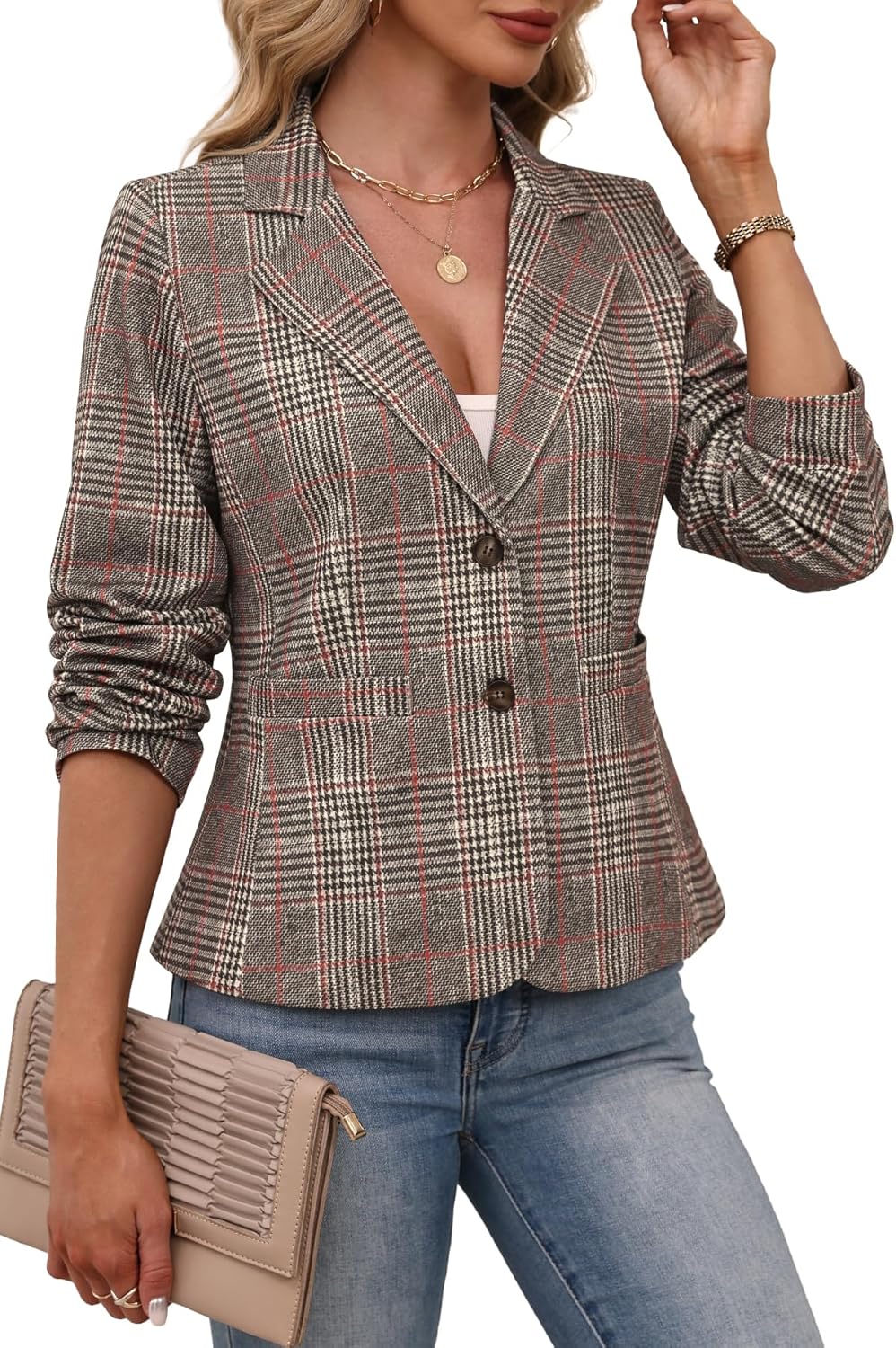 ELLEVEN Women's Casual Stretchy Knit Blazer,Lightweight Slim Fit Jackets Long Sleeve Business Suit with Pockets