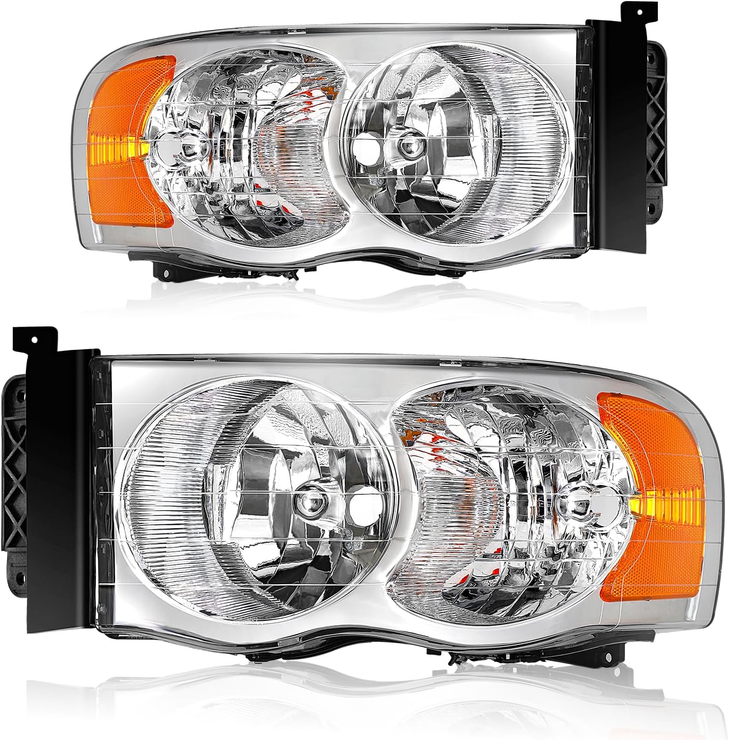 Headlight Assembly Compatible with 2002 2003 2004 2005 Dodge Ram, 02-05 Ram 1500/03-05 Dodge Ram 2500 3500 Headlamp Replacement (Chrome Housing Amber Reflector)