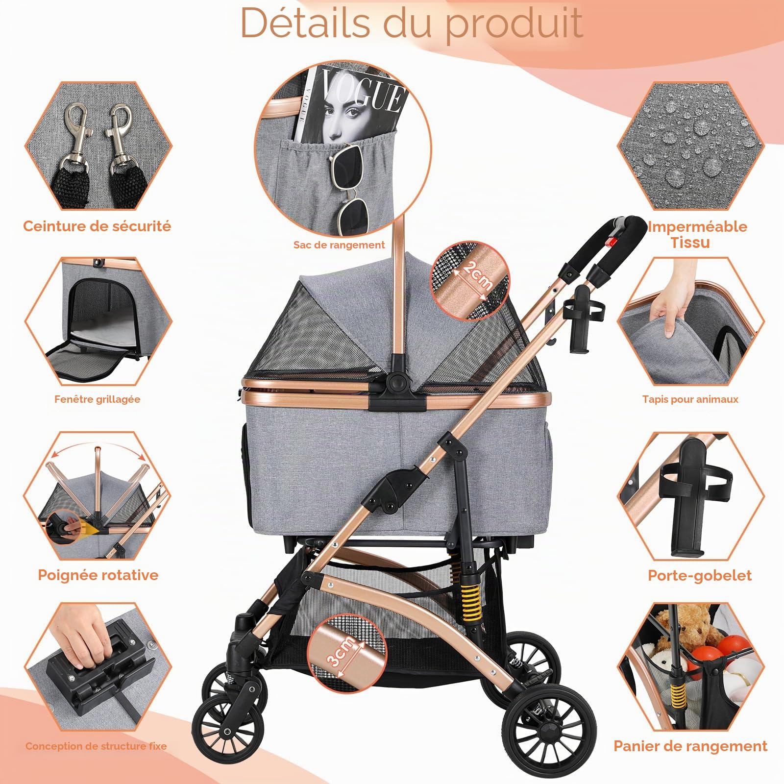 MAMIZO Poussette Chien 3-en-1, Poussette pour Chat Pliable, Panier de Rangement, Fenêtre en Filet, pour Petits Chiens et Chats, Jusqu'à 20 kg, 4 PCS Roues Résistant à l'Usure à 360°, Gris Foncé