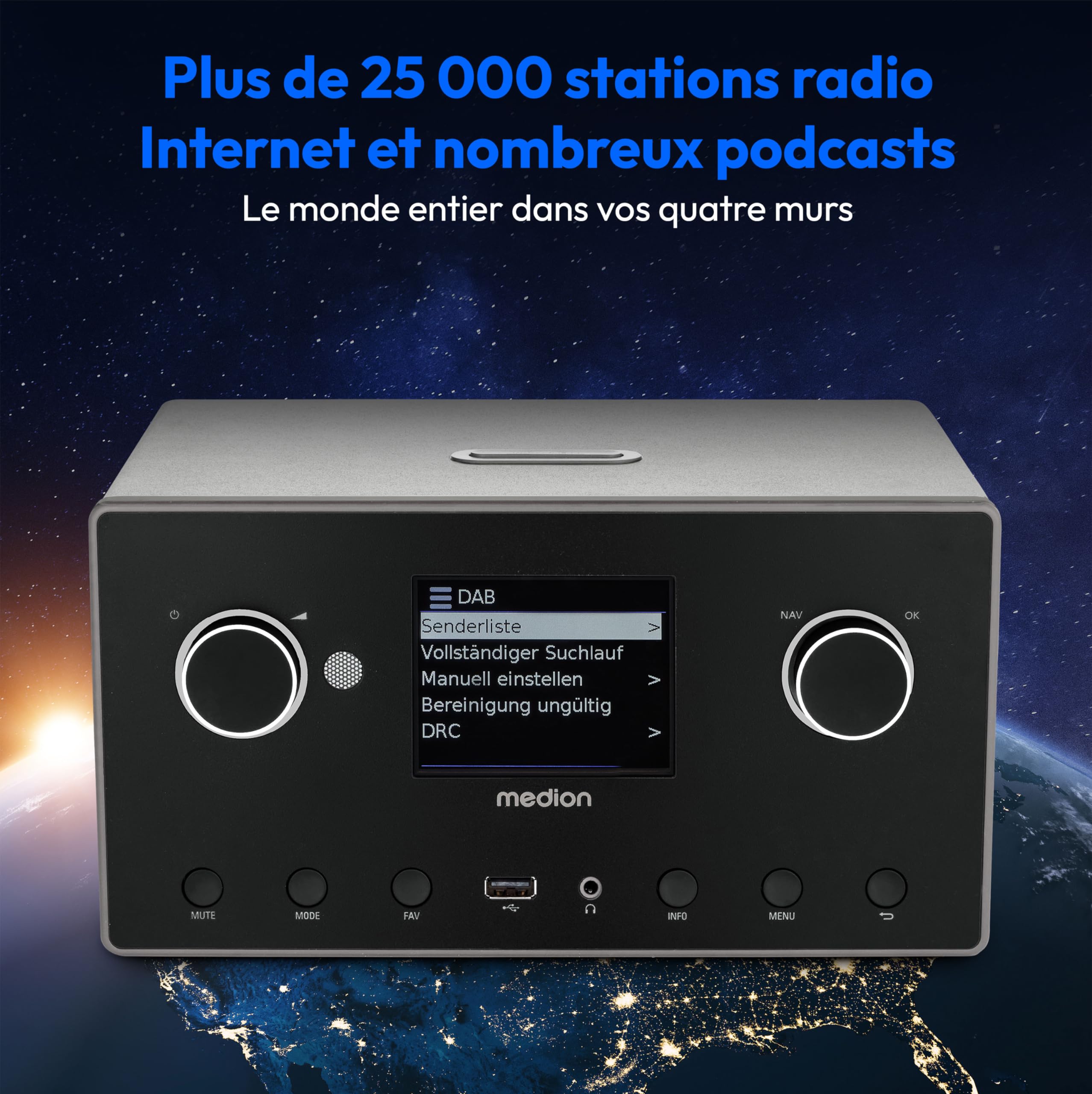 MEDION P85444 2.1 Radio Internet avec Subwoofer (Dab+, Radio FM, Spotify, WiFi, Bluetooth, Streaming, égaliseur, écran Couleur, USB, AUX, Réveil, Fonction Snooze, Sleep Timer) Titane