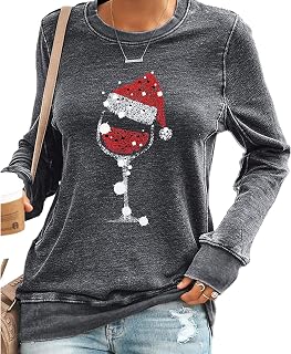 Womens Christmas Wine Glass T Shirt Tops Causal Long Sleeve Sparkly Wine Glass Santa Hat Print Pullover Novelty Christmas Sweatshirt