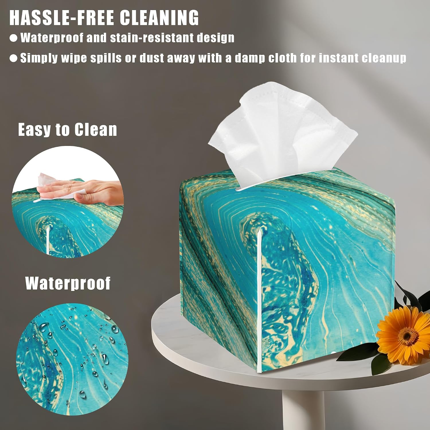 Leather Tissue Box Holder Turquoise and Gold Liquid Marble Tissue Box Cover Facial Paper Case Organizer Cube Napkin Dispenser for Bathroom Vanity Countertop Night Stand Office Car image 4