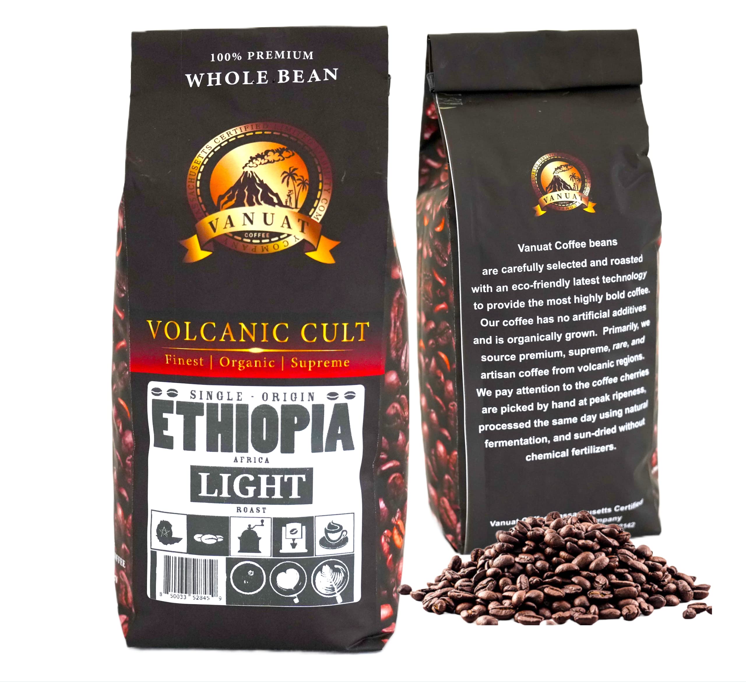 ETHIOPIA LIGHT DARK ROAST WHOLE BEAN COFFEE SPECIALTY 16OZ - Volcanic Cult Vanuat Organic Supreme Finest Artisan Beans Sourcing premium artisan green specialty beans from different regions Vanuatu Sumatra Ethiopia Brazil Kenya Papua New Guinea Colombia Guatemala Burundi Costa Rica East Java El Salvador Honduras Mexico Nicaragua Peru Rwanda and more (Ethiopia, 16oz | LightROAST)