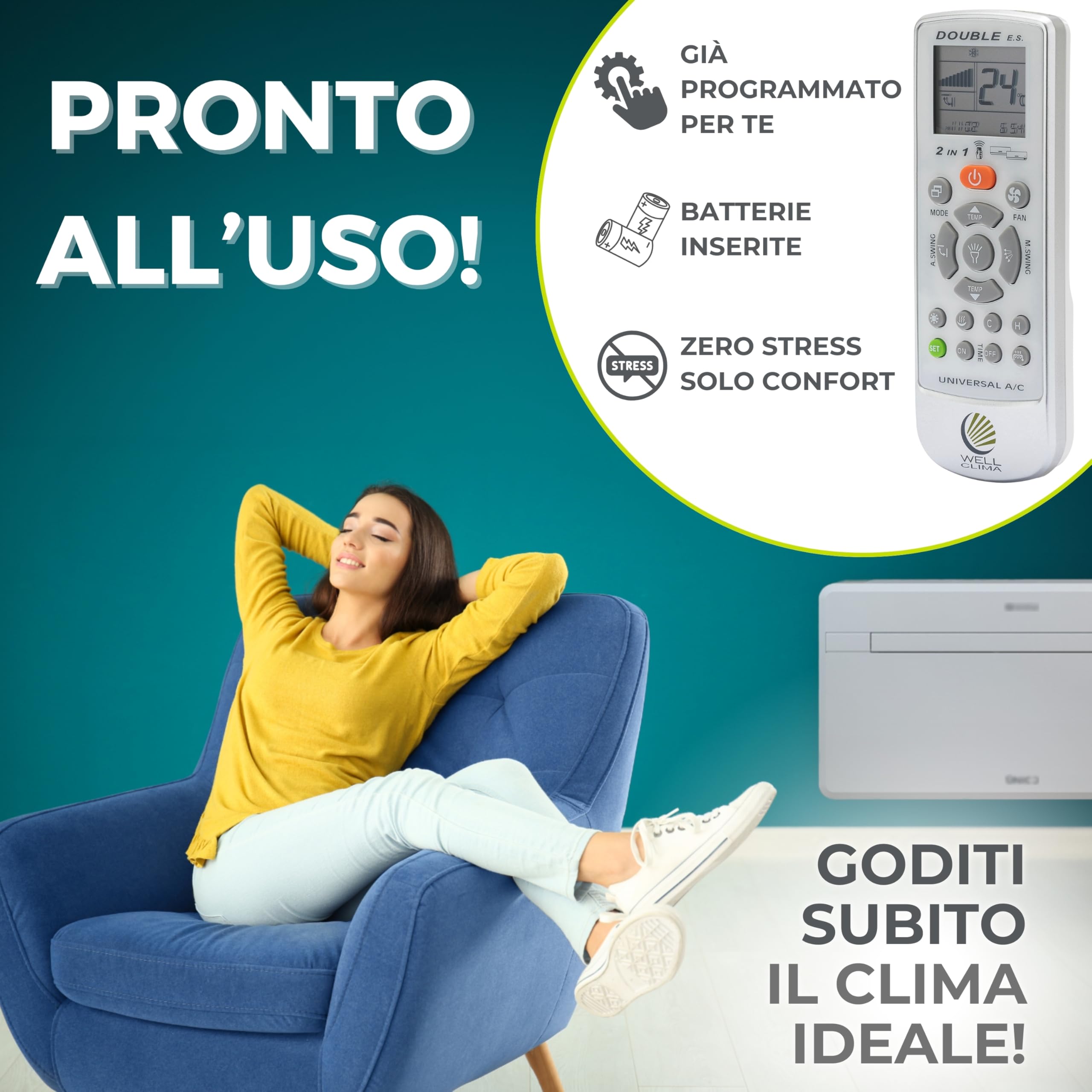 Wellclima Telecomando Compatibile con modelli Unico, Issimo e Climapiù per Olimpia Splendid, Unica Alternativa all’Originale, Pronto all’Uso, Già Configurato Solo per questi Modelli, Batterie incluse