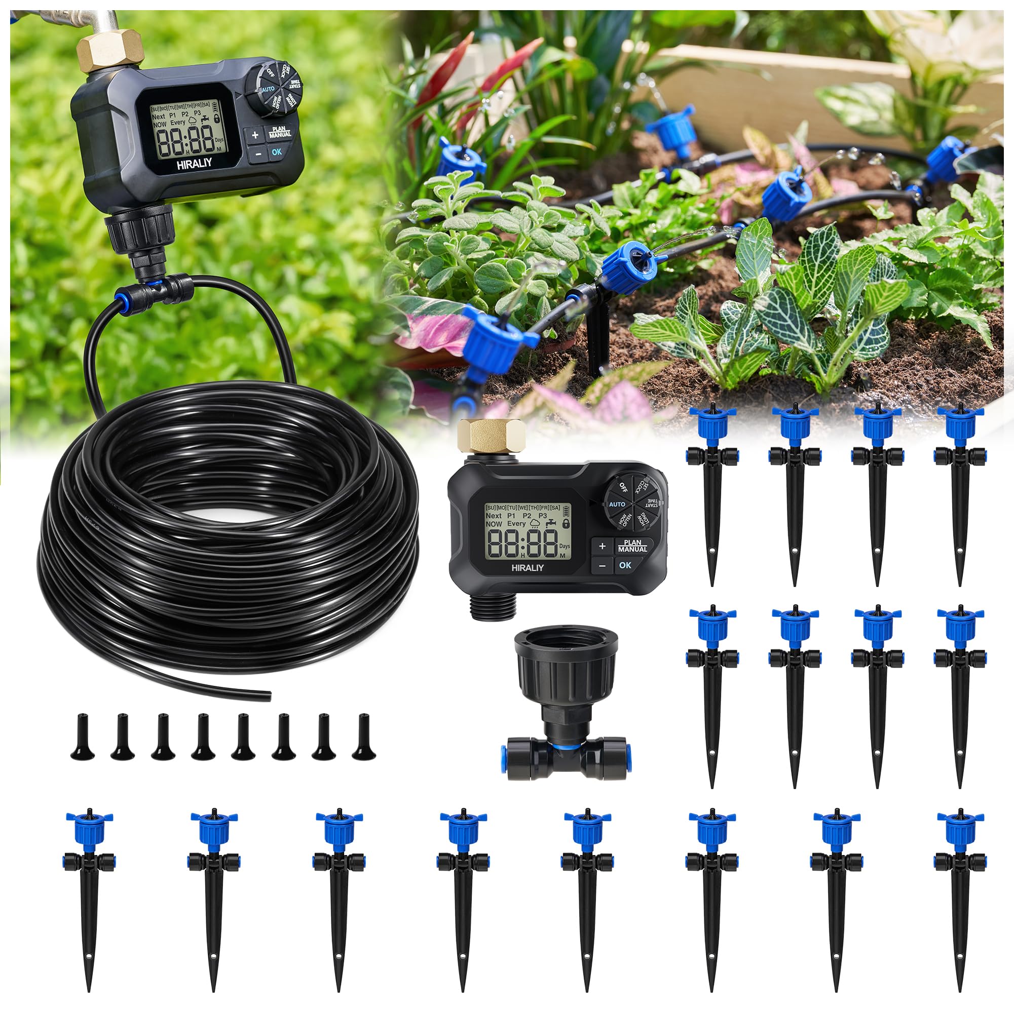HIRALIY Kit di irrigazione a goccia con timer per aiuole rialzate da 15 m | Sistema di irrigazione compensato a pressione con connettori rapidi e 12 emettitori regolabili per vasi e piante da giardino