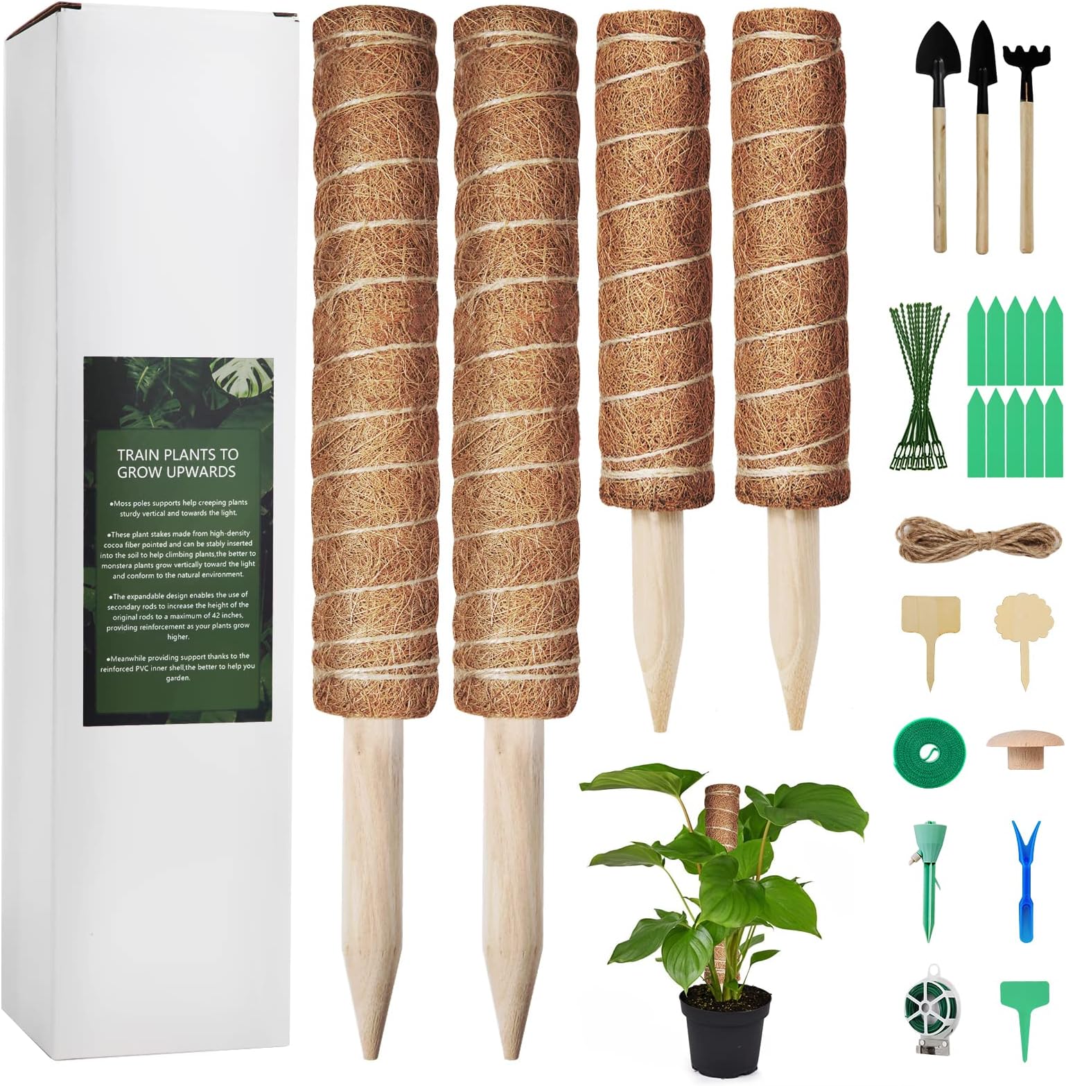 Keeobe Length Overall 42 Inch Moss Pole for Plants Monstera，4 Pack Coir Rope for Climbing Indoor Potted Plants -Simple Accessories with Train Support Creepers Grow Upwards