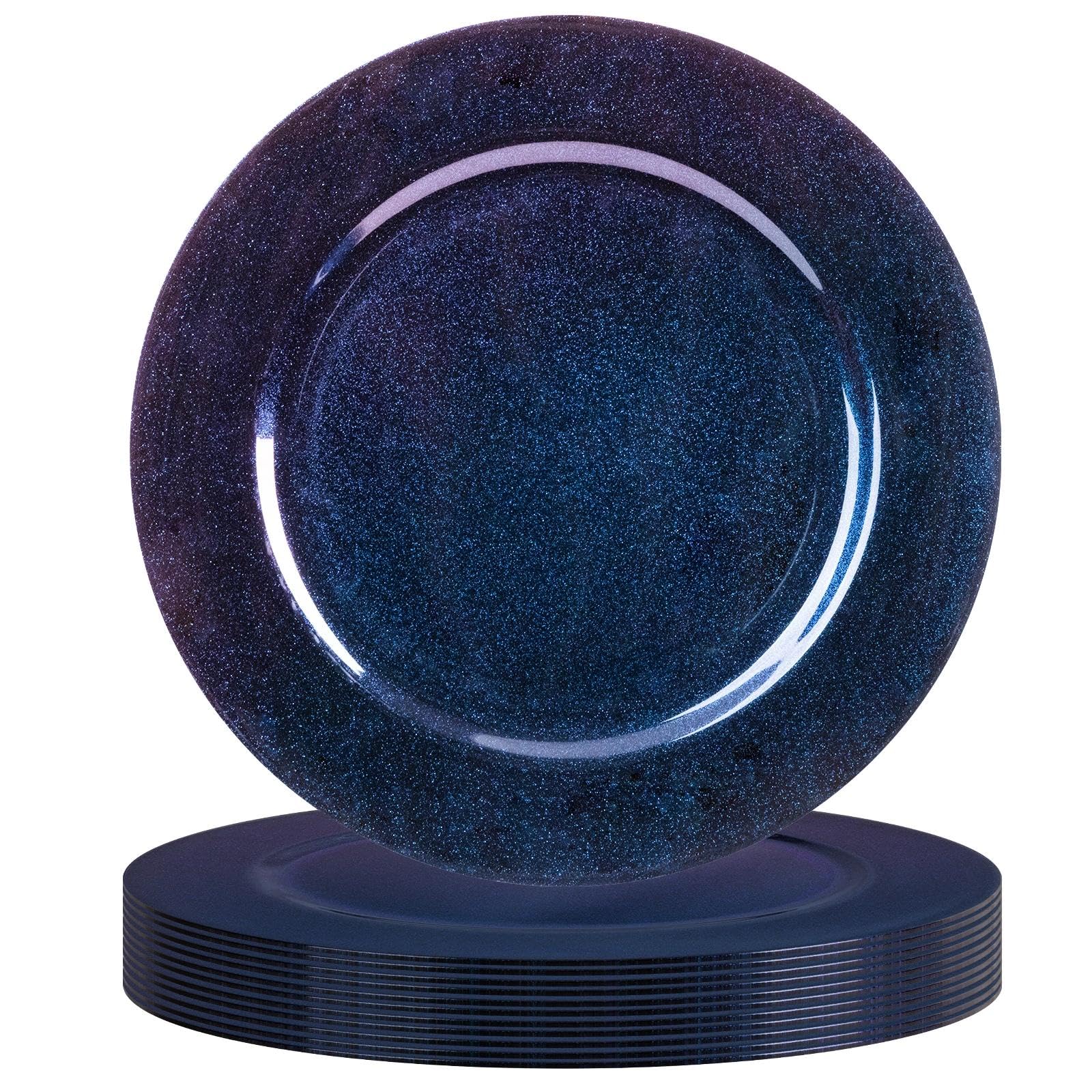 Photo 1 of MAONAME Laser Blue Charger Plates Set of 12, 13" Round Plate Charger for Dinner Plates, Glitter Plastic Plate Chargers, Table Chargers for Wedding Decor, Party