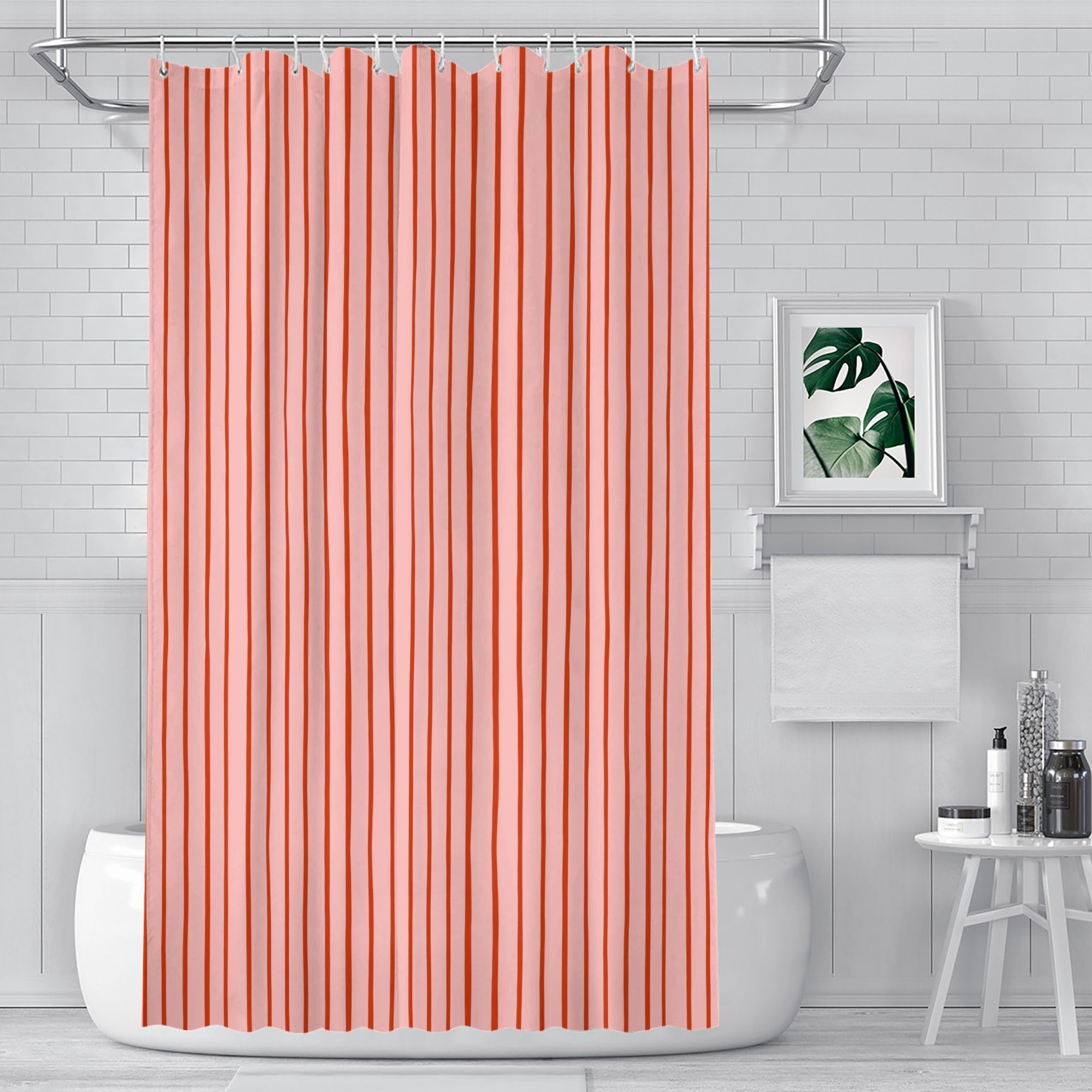 Rideau de douche à rayures verticales rouge et rose 125x250 cm imperméable pour baignoire avec crochets