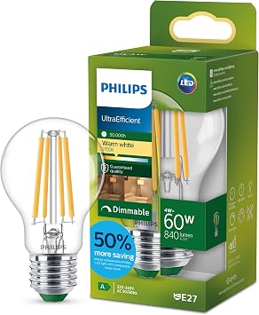 Philips LED Light Bulb Classic, UltraEfficient, 60W, 840Lm, A60, E27 2700K, Clear Glass, dimmable