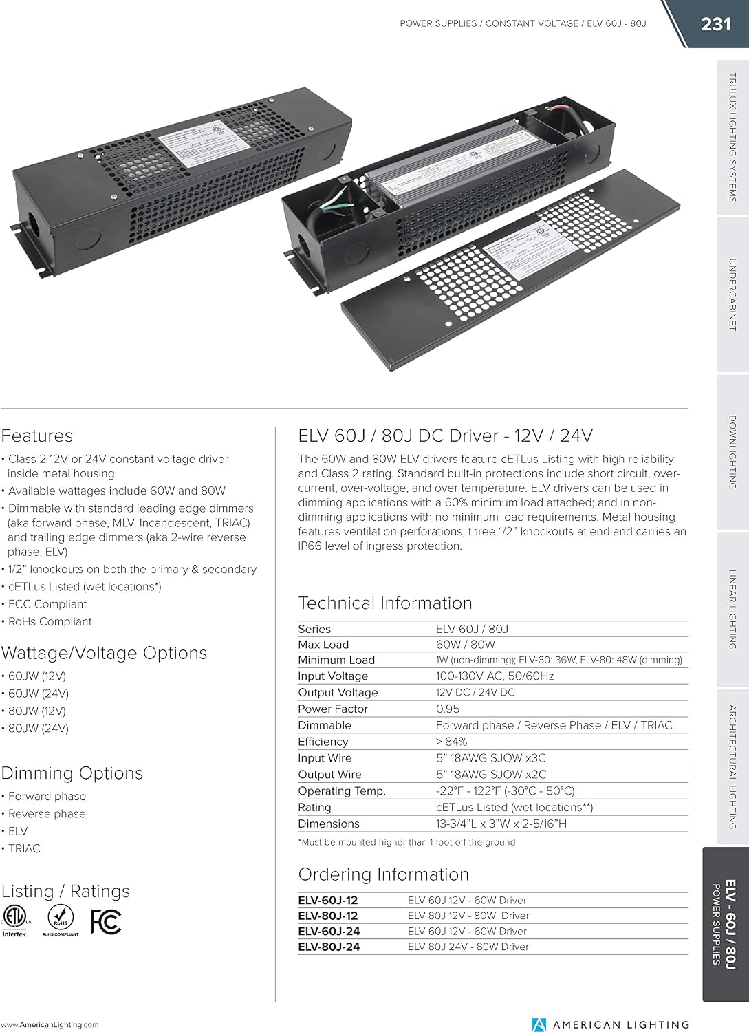 New Arrivals American Lighting ELV-80J-24-MASTER Electronic LED Hardware Power Supply, Adaptive, 80-Watt 24V Electonic Low Voltage Driver, 12, Black