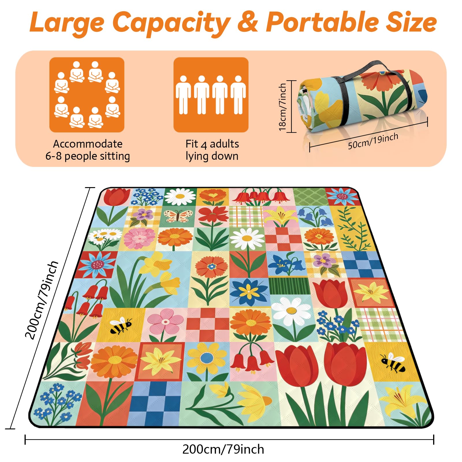 MAYJOYDIY Couverture de Pique-Nique Extra Grande Florale 2x2m Couverture de Plage imperméable à Fleurs de Papillon Pissenlits Tulipes Tapis de Pique-Nique Pliable avec Sangle de Transport
