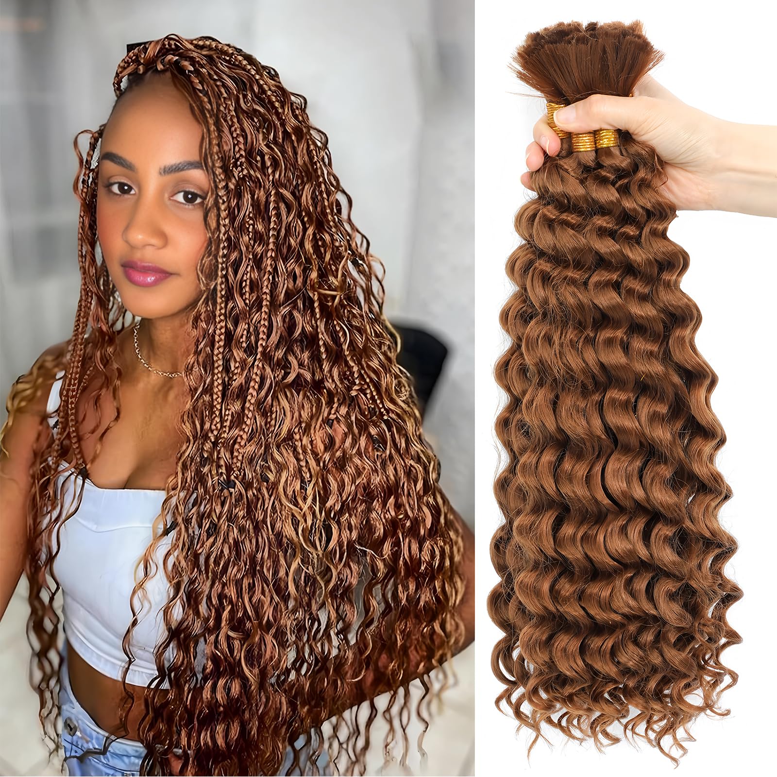 BLTYXT Deep Wave Bulk Hair 18 Inch 6 Bundles Synthetic Braiding Hair Curly Crochet Hair Boho Braids Natural Color for Hair Extensions (30