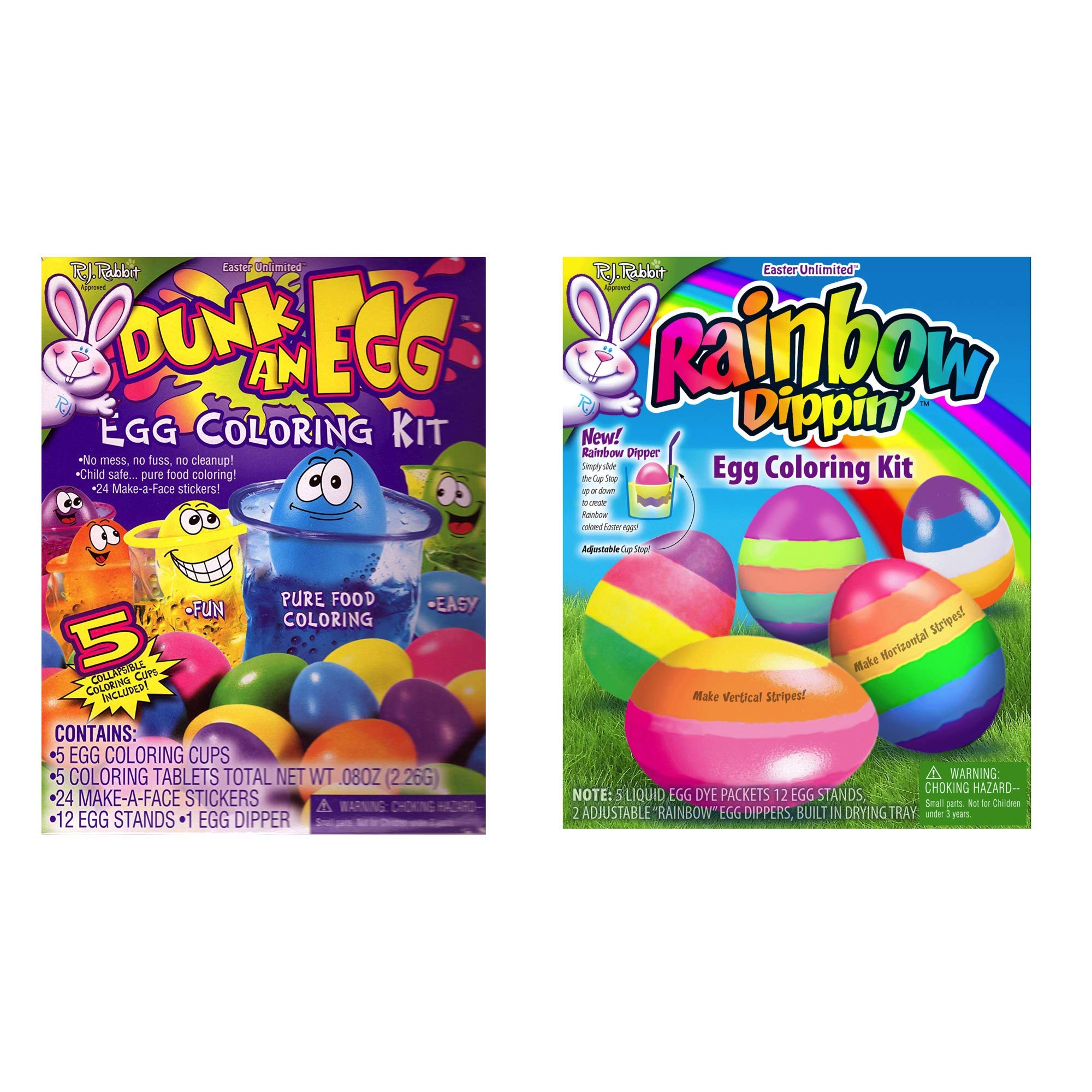 RJ Rabbit Easter Fun Easter Egg Kits Set of Two - Dunk an Egg Mess & Fuss Free Dye Sticker Kit & Rainbow Dippin Kit - Cup Stopper Makes Stripes (Dunk an Egg & Rainbow Eggs)