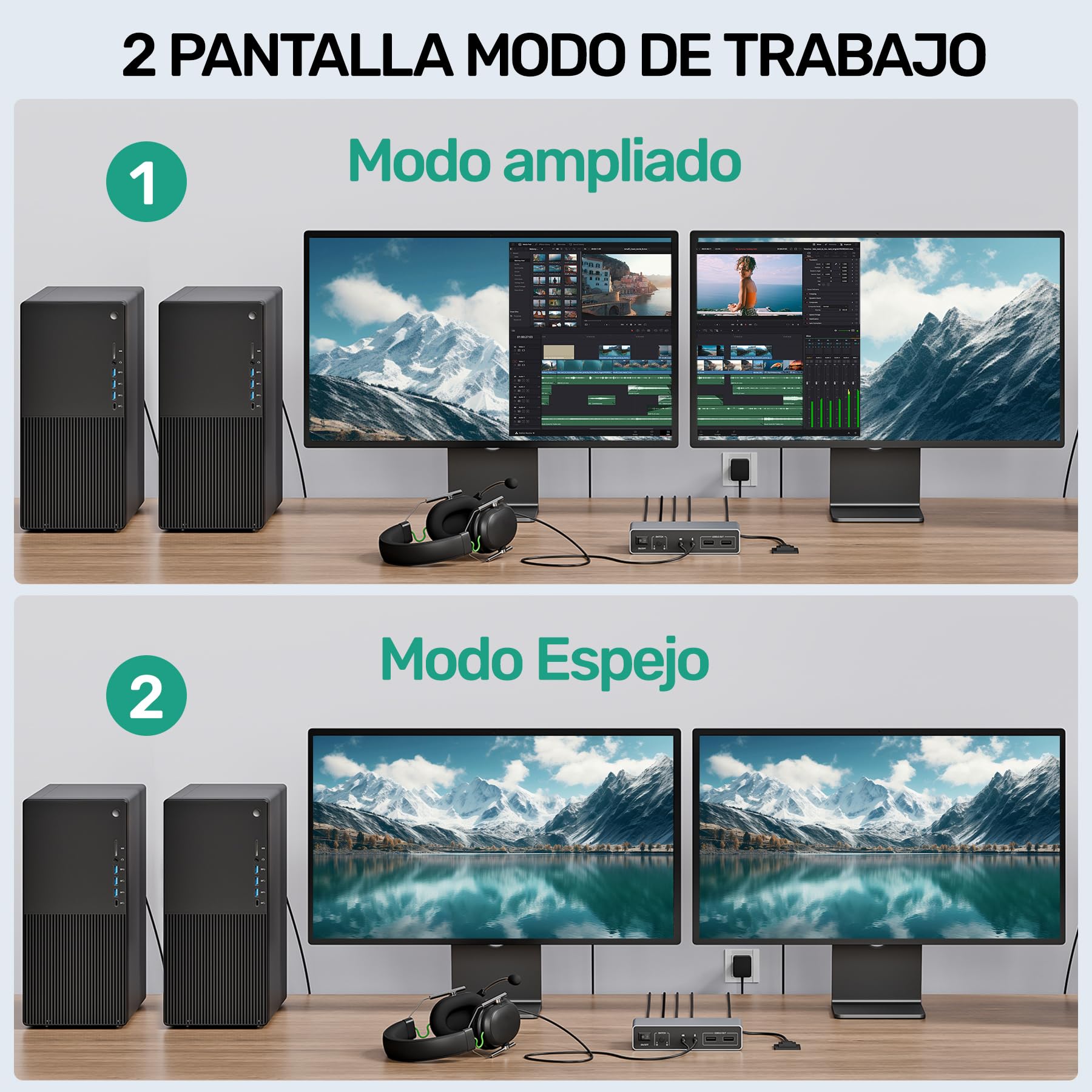 SUIDEK HDMI Displayport KVM Switch, 2 Computadoras 2 Monitores 4K@60Hz KVM Switcher Monitor Dual para 2 PC, 3 Puertos USB 3.0 Soporta Modo Extendido/Espejo con Controlador de Escritorio y 2 Cables USB