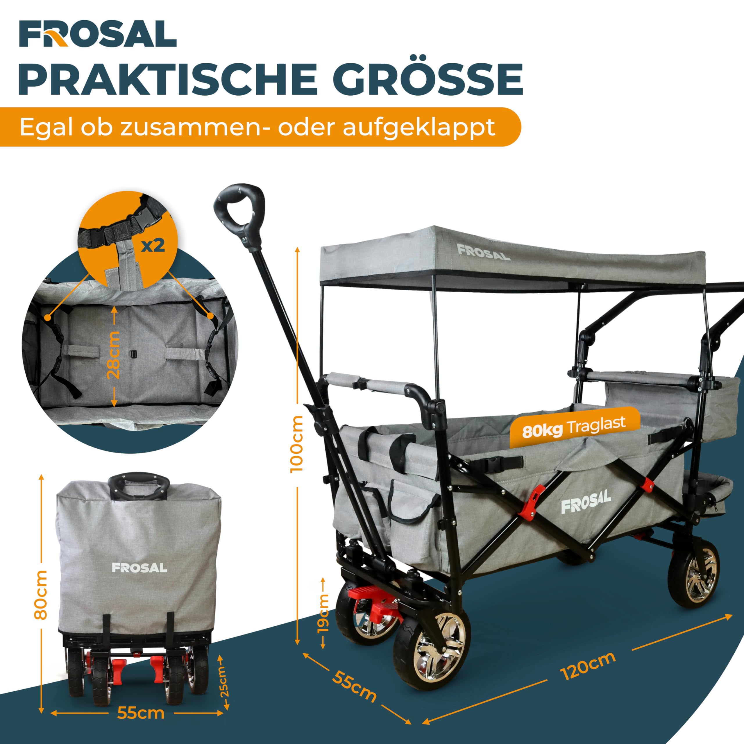 FROSAL Chariot de transport pliable avec toit Leo gris argenté souple | Chariot de transport pliable pour enfants