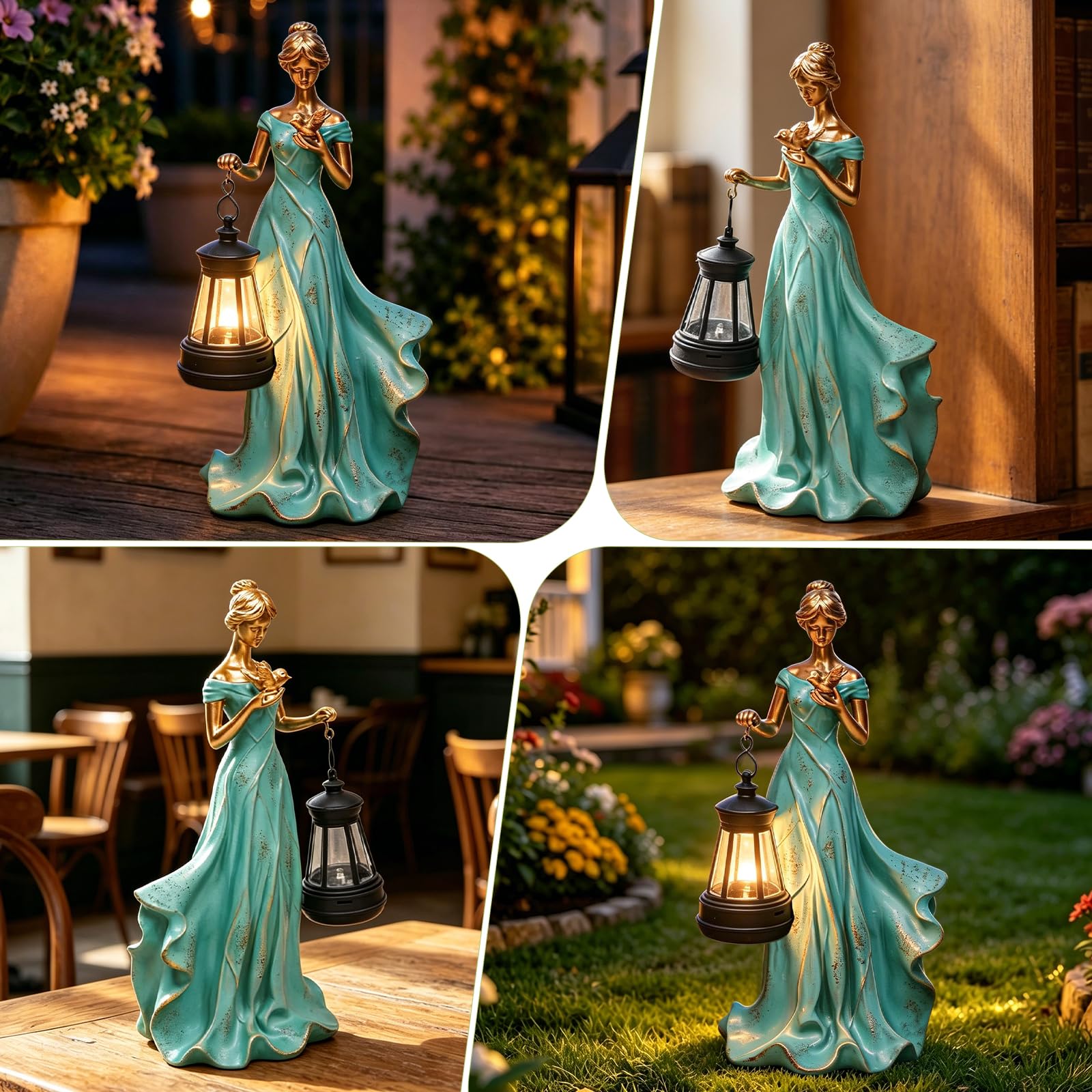 Statuette da giardino fatato per esterni, foglie e angelo, statue con lanterna solare e uccello, decorazione rustica per la casa esterna, patio, balcone, cortile, arte, prato, ornamenti per
