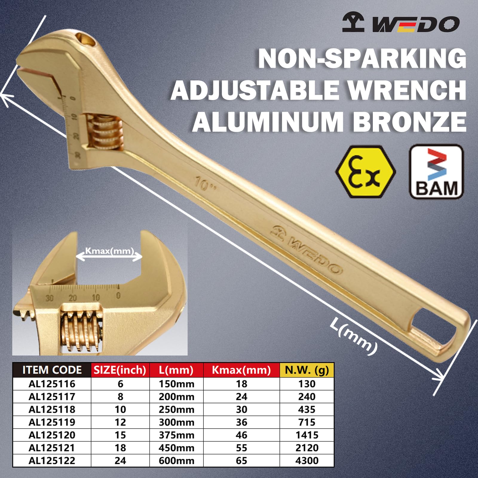 WEDO Nieiskrzący klucz nastawny, klucz do dużych obciążeń 30,5 cm, szeroki otwór szczękowy 36 mm, długość 300 mm, brąz aluminiowy, odporność na korozję, oznaczenie skali metrycznej, ergonomiczny