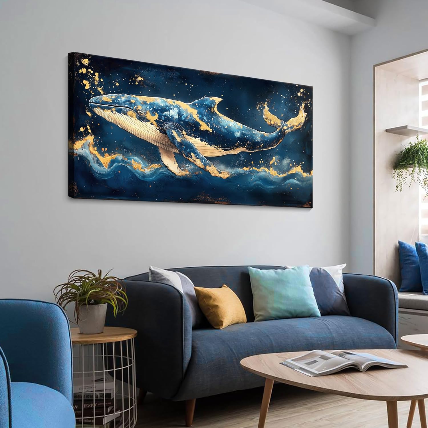 Photo 1 of  JEAWA Large Canvas Wall Art, 24x48 IN Ocean Blue Whale Animal Pictures Print Hand-drawn Gold Foil Texture Cool Wall Painting for Living Room Bedroom Kitchen Study Home Posters Decor 