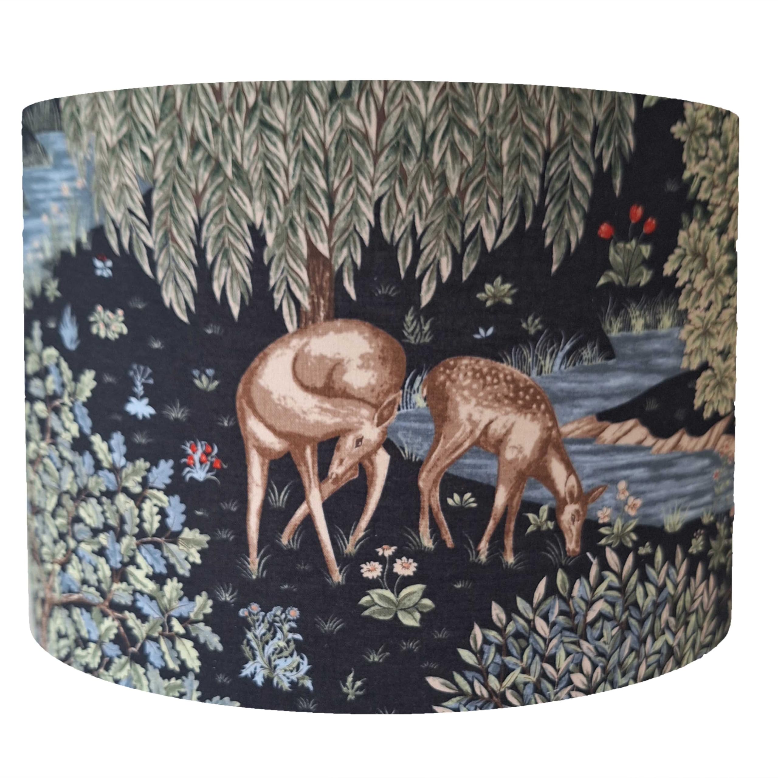 Handmade William Morris The Brook Lampshade, Choice of 20cm, 25cm, 30cm, 35cm Diameter, Woodland Themed Lamp Shades, Forest Deer, Deer Lampshade Table Lamp, Drum Light Shades Ceiling