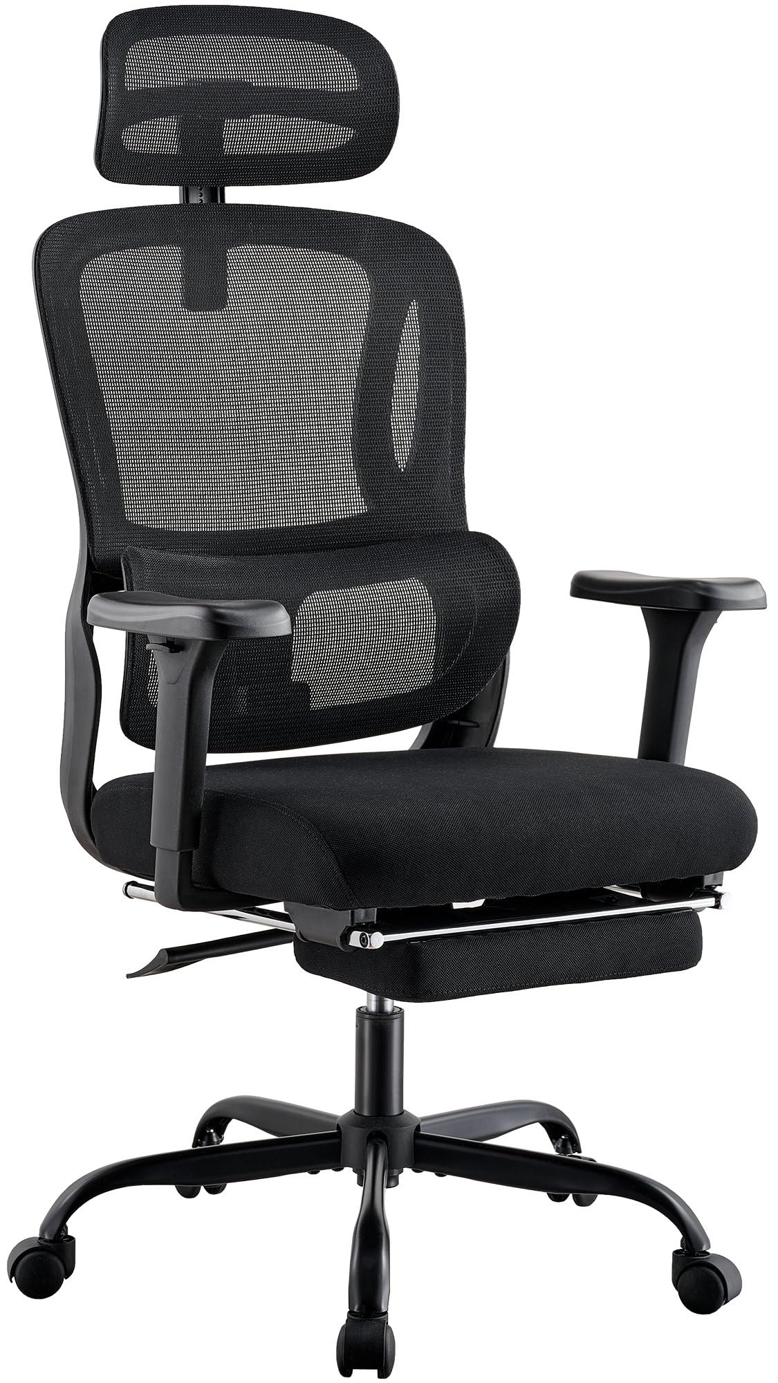 CLP Silla de Oficina ergonómica con reposapiés Mankato, Silla de Escritorio con reposabrazos 3D, Soporte Lumbar, soporta hasta 150 kg, Color:Negro