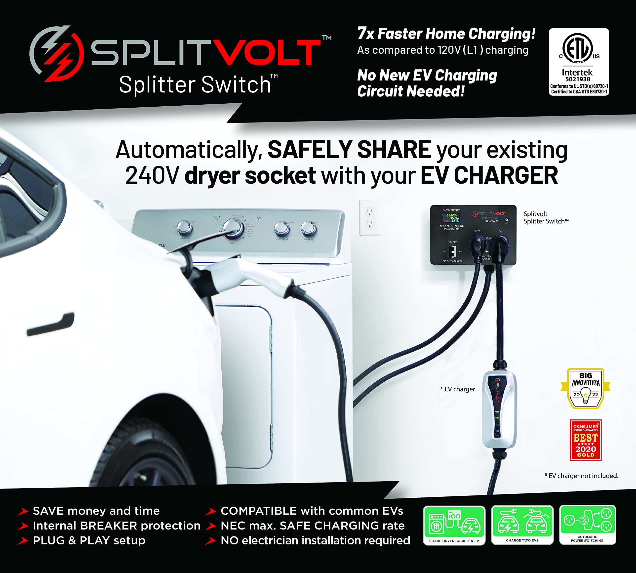 Splitvolt Splitter Switch Automatic Power Switch Outlet Splitter Between Dryer EV, Level EV
