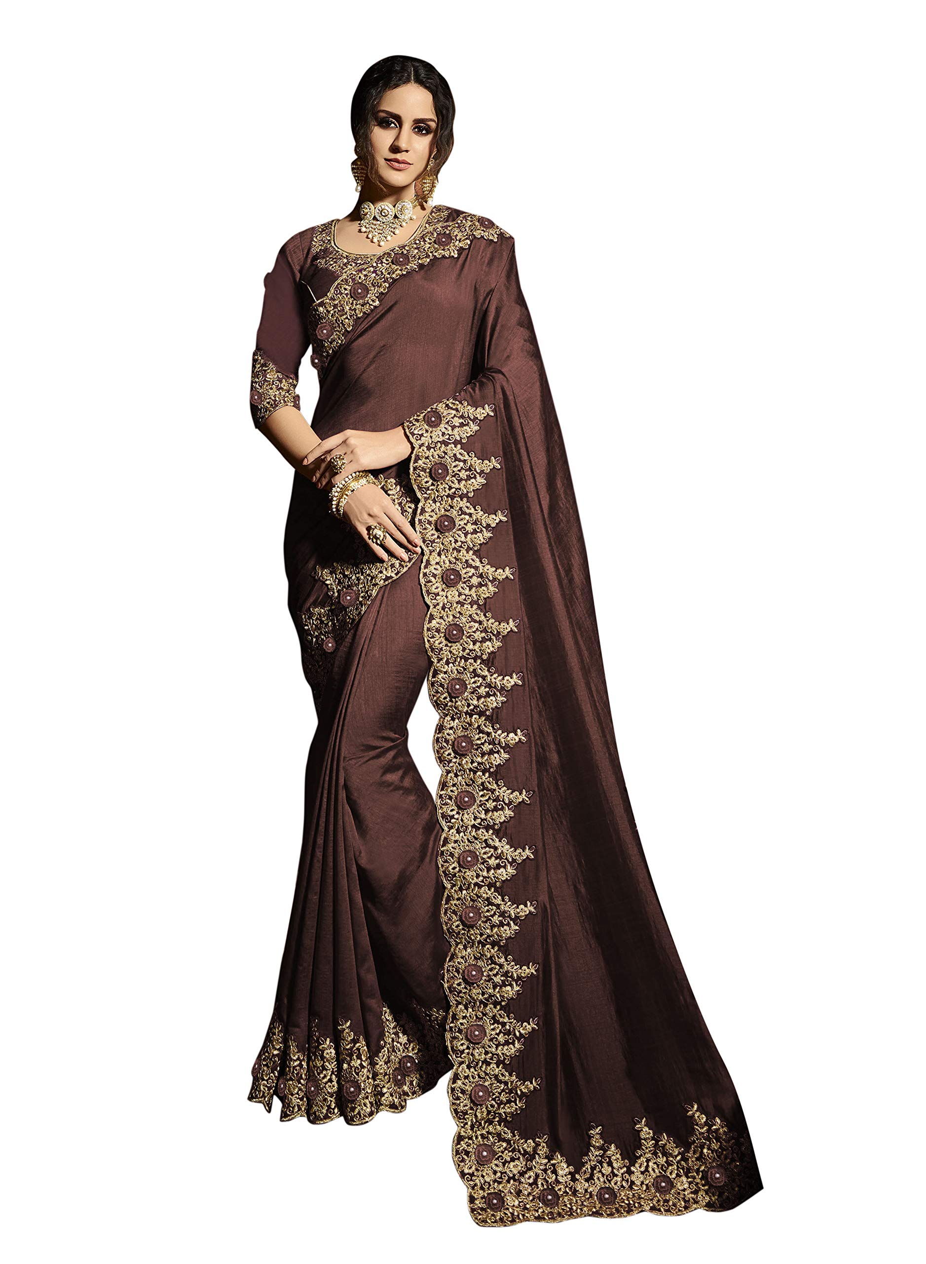 GenericSRUJAMI TEX Women's Vichitra Silk Embroidery Saree with unstitched Blouse Peice