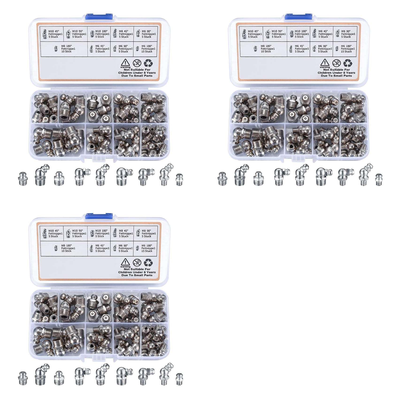 Jnchdghwa Silver 180Pcs Metric Grease Fittings Kit, M6 M8 M10 45 90 Degree Hydraulic Grease Zerk Assortment For Angled Grease Mechanical