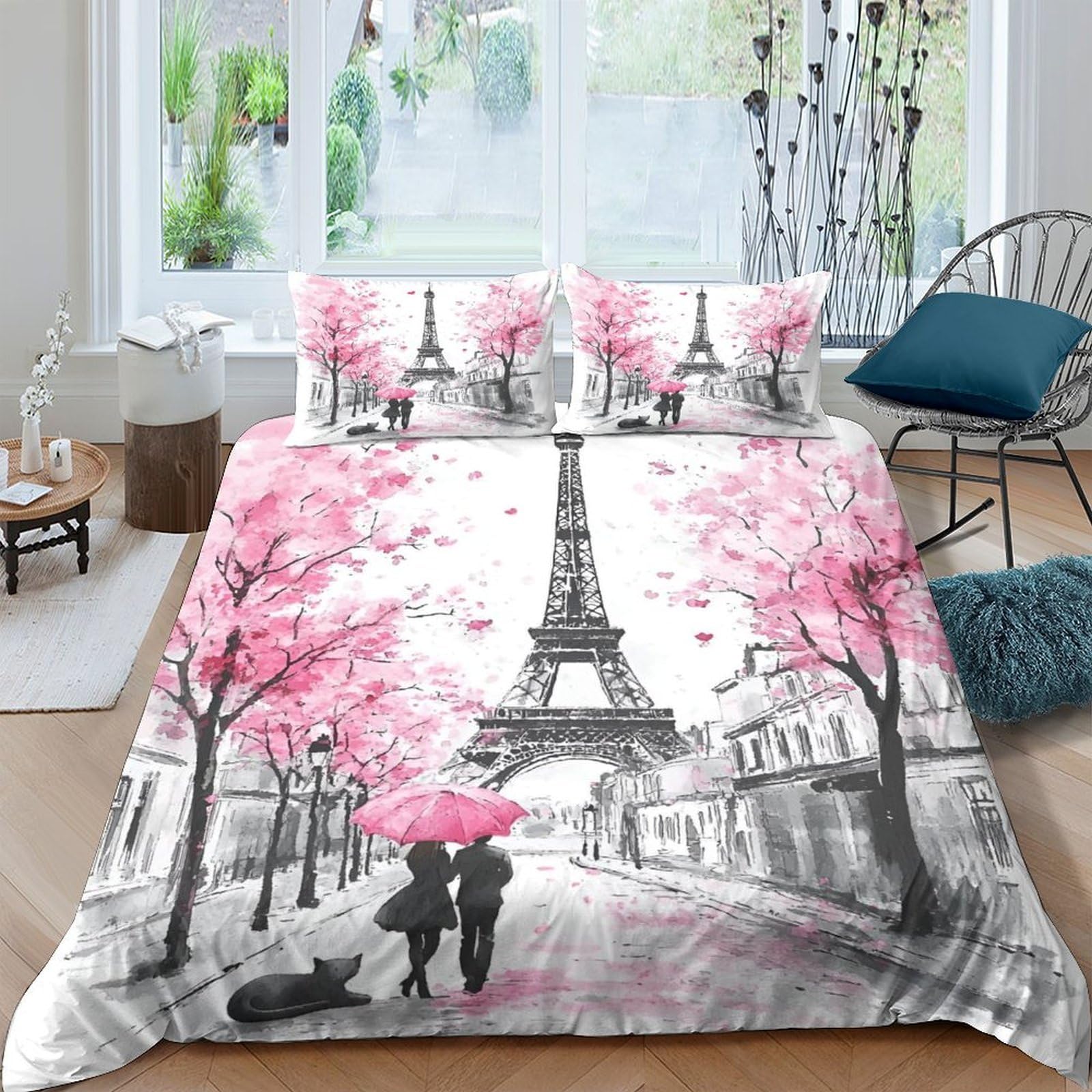 Ctjqhvkz Style-3 3D Printed Eiffel Tower Pink Blossom Fitted Sheet Microfiber Soft Bed Cover For Bedroom Guest Room Decor Protection Single（135X200cm）