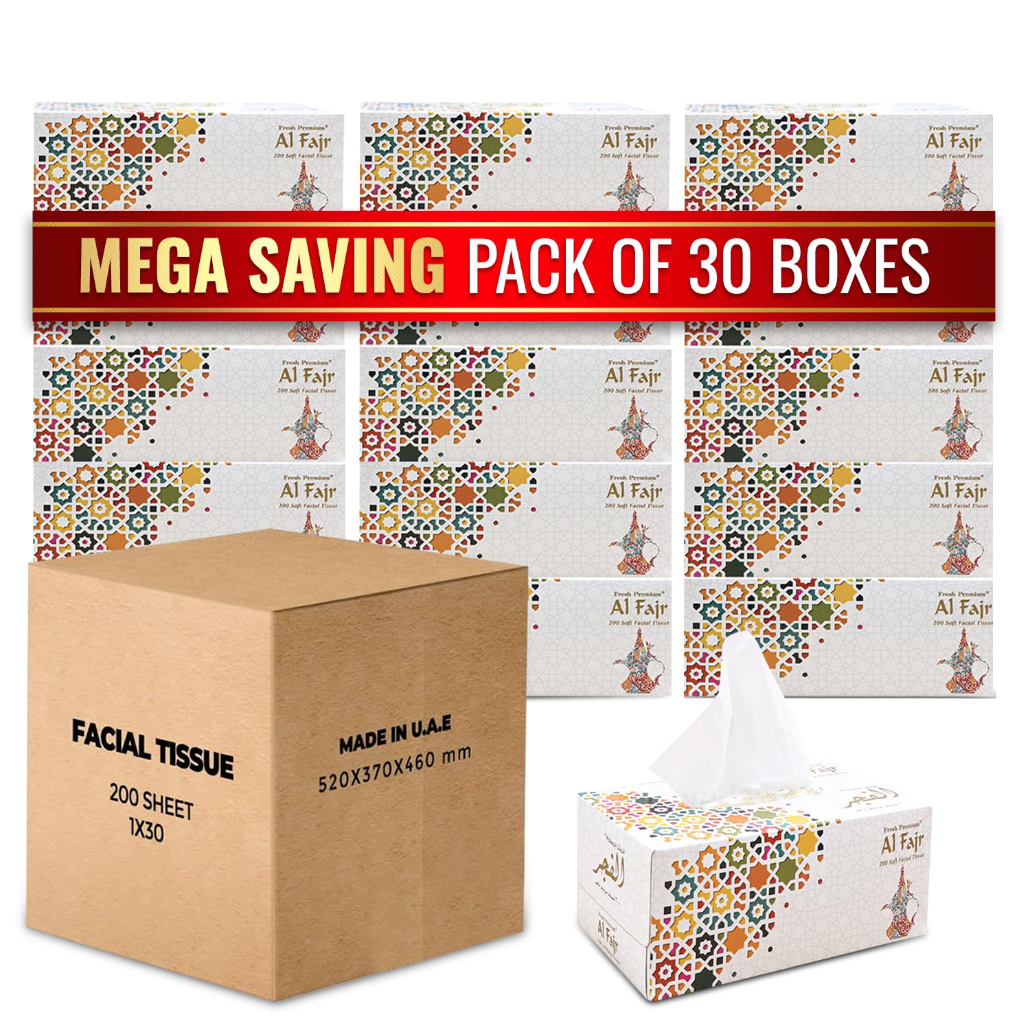 SNH Packing Al Fajr Pack of 30 Ultra Soft Facial Tissue Box - 2 Ply x 200 Sheets Sterilized Germ Protection Tissues For Home & Office Use - Highly Absorbent Gentle Face Tissue Paper For All Skin Type.