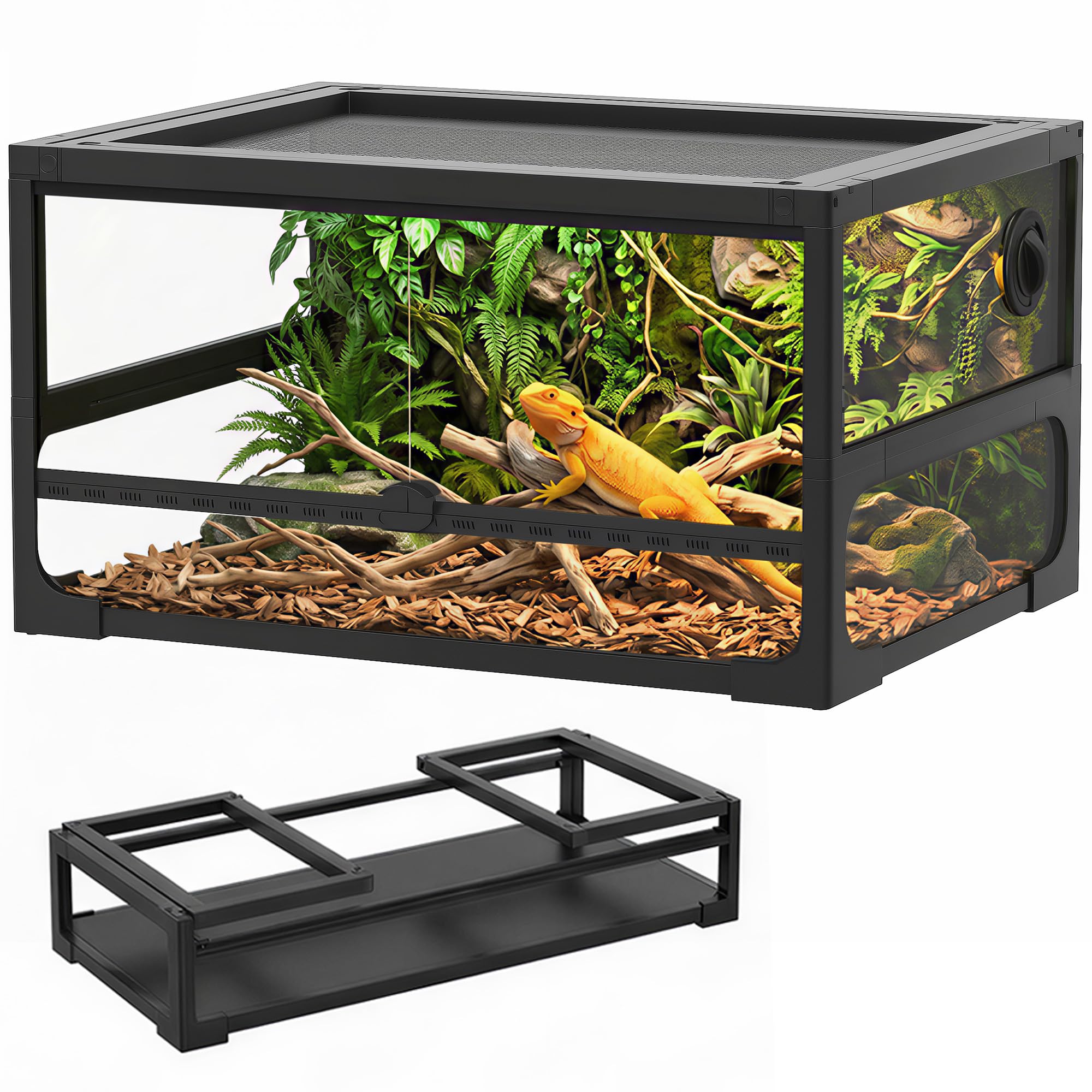 PawHut Faltbares, erhöhtes Reptilienterrarium 60x45x32 cm mit Schloss, Tür für Fütterung, Belüftung und 360° Sicht, Reptilienterrarium aus gehärtetem Glas mit Drahtgeflecht für Echsen, Spinnen