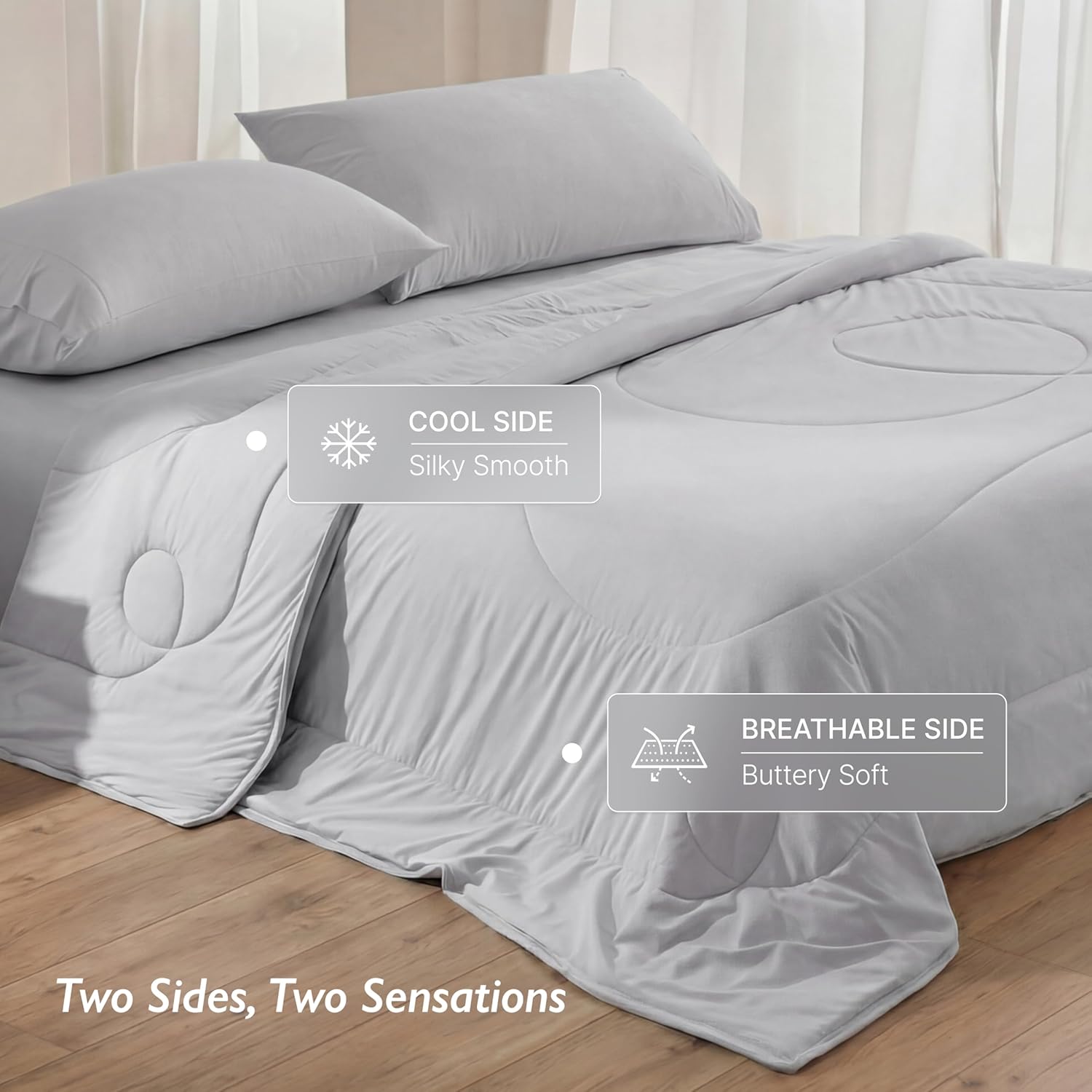 Breescape Cooling Comforter Set - Ultra Comfort 4pcs with King Size Cooling Blanket, Wrinkle-Free Deep Pocket Fitted Sheet, 2 Breathable Pillowcases for Skin and Hair Bedding Set, Misty Gray