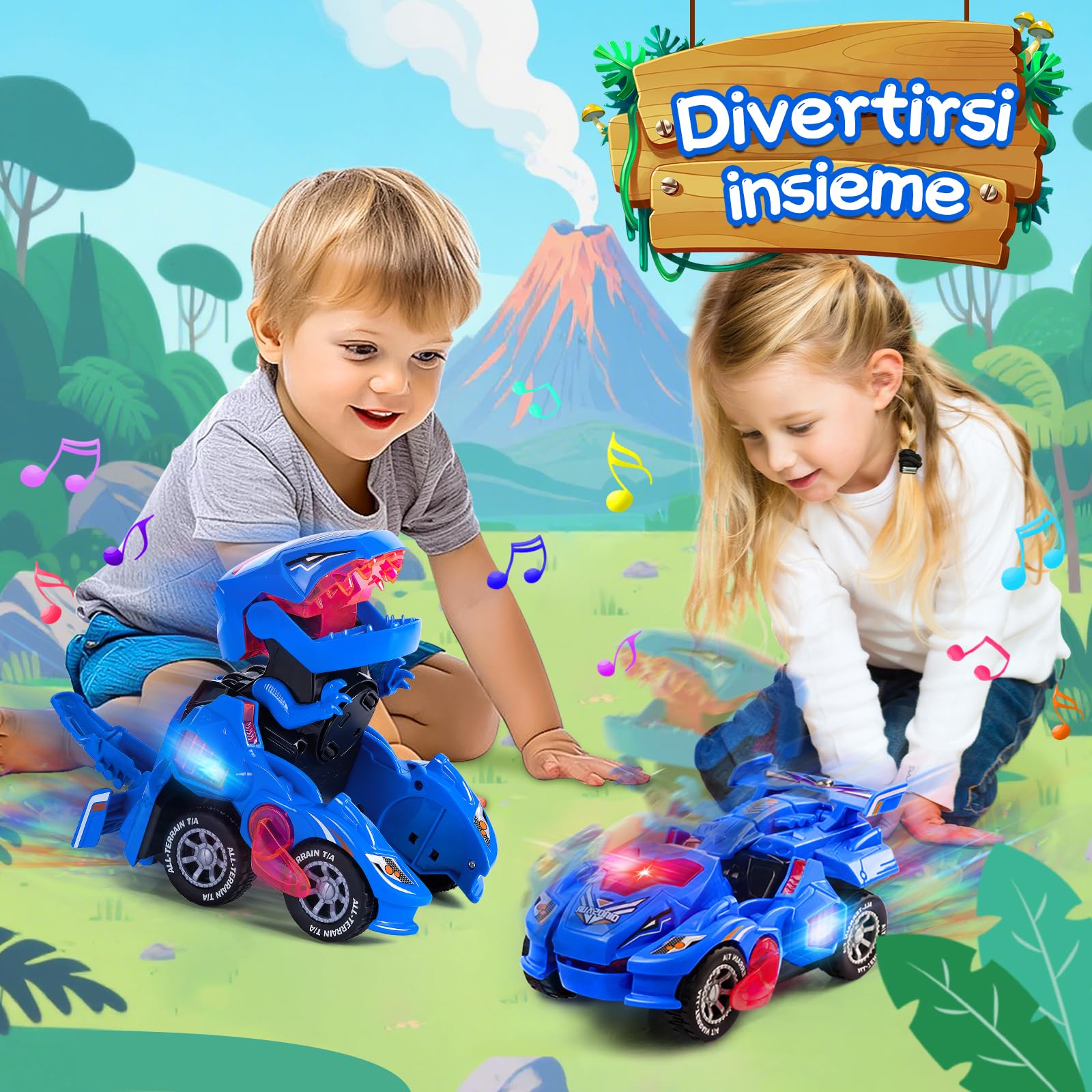 Yellcetoy Dinosauri Transform Giocattoli, Macchina Dinosauri con Musica e Luci, Auto Dinosauro Dino Giocattolo Regali di Natale Compleanno per Bambini Ragazzi 3 4 5 6 7 anni Blu