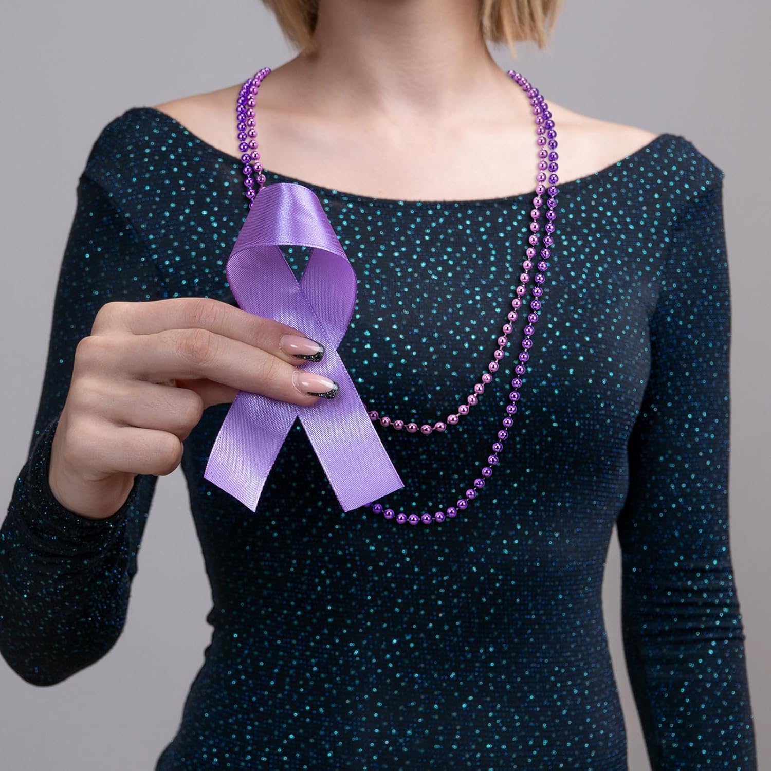 Sasylvia 36 Pcs Purple Bead Necklace Bulk Purple Ribbon Awareness Beads Mental Health Domestic Violence Alzheimer Pancreatic Cancer Necklace for Charity Public Event Party Costume Accessories