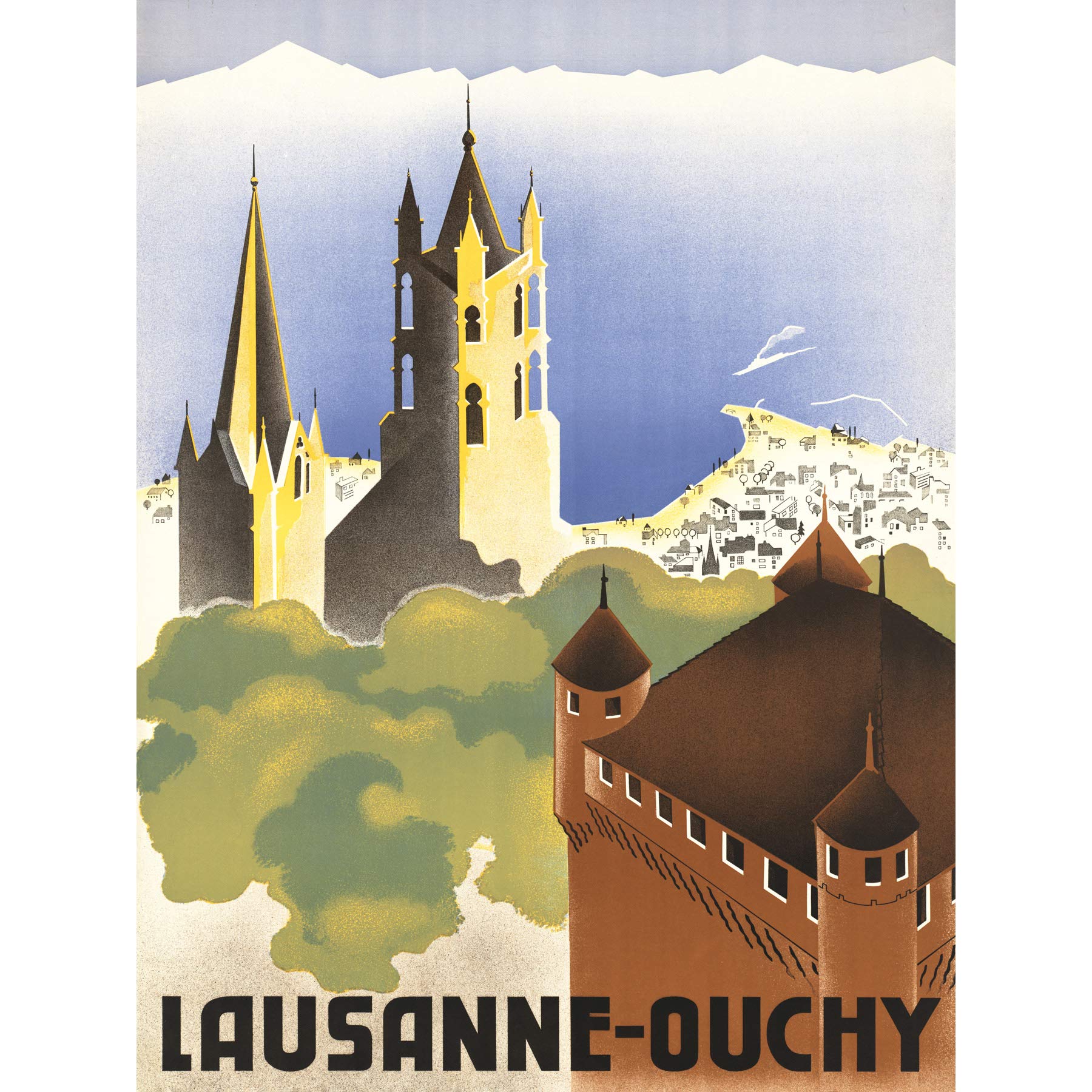 Lausanne-Ouchy Switzerland Castle Vintage Travel Advert Large Print Poster Wall Art Decor Picture