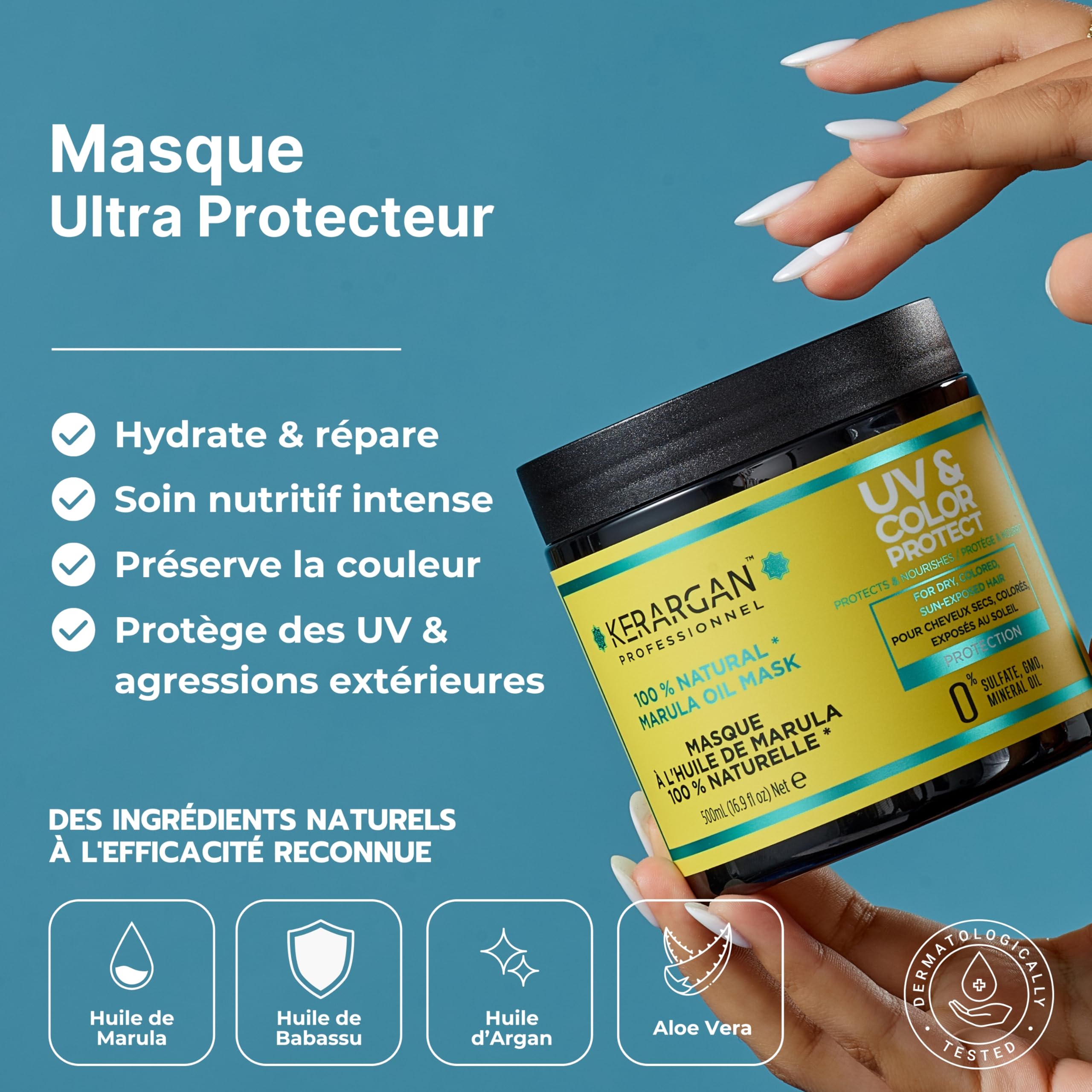 KERARGAN - Routine Marula 5 Soins Protection UV Couleur - 3x500ml+2x100ml | Shampoing, après-shampoing, masque, sérum et spray 17-en-1, routine complète de protection UV et couleur