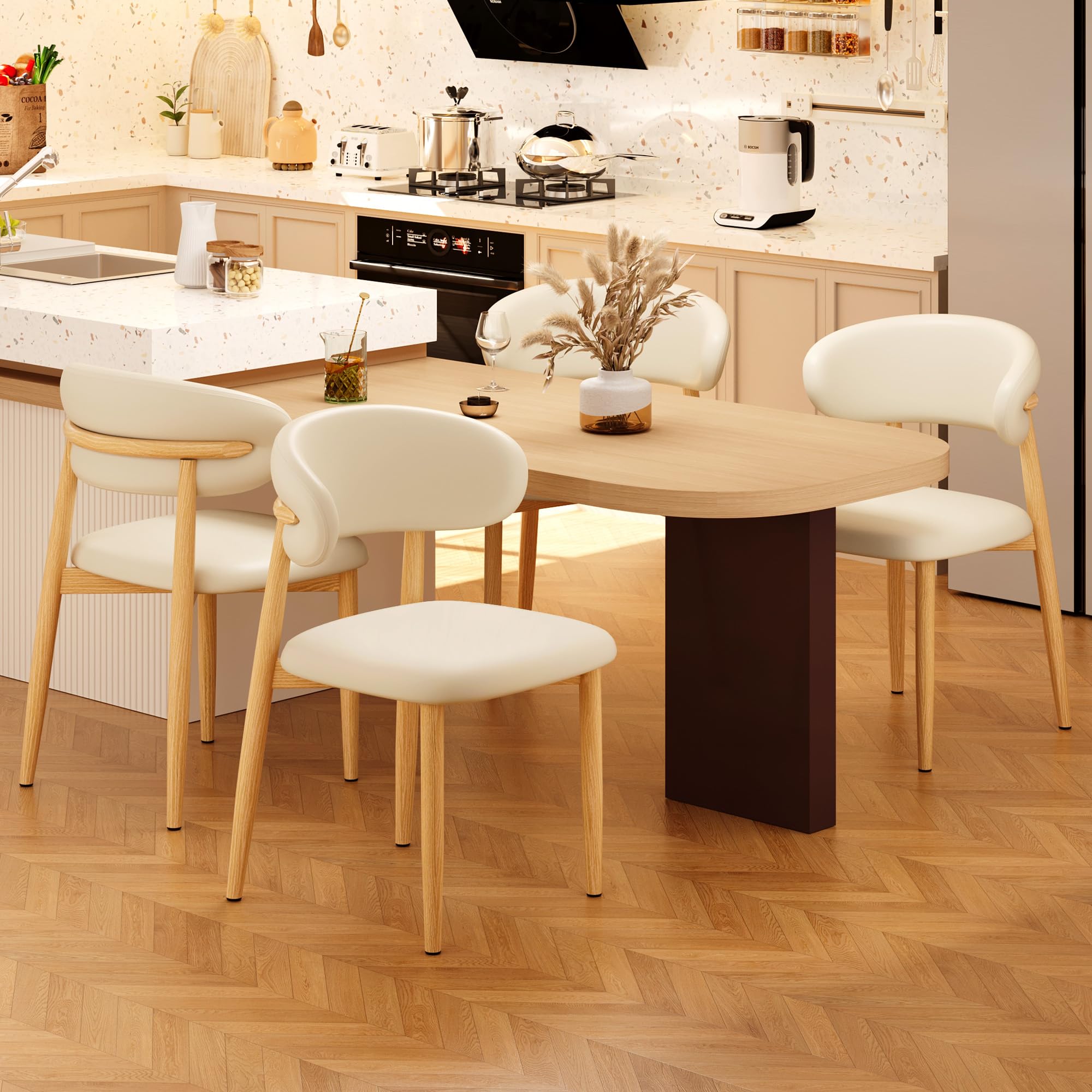 Photo 1 of [Partial Set] JCAJCA Kitchen Dining Chairs Set of 4 Modern Upholstered Leather Farmhouse Dining Room Chair with Metal Legs, Beige