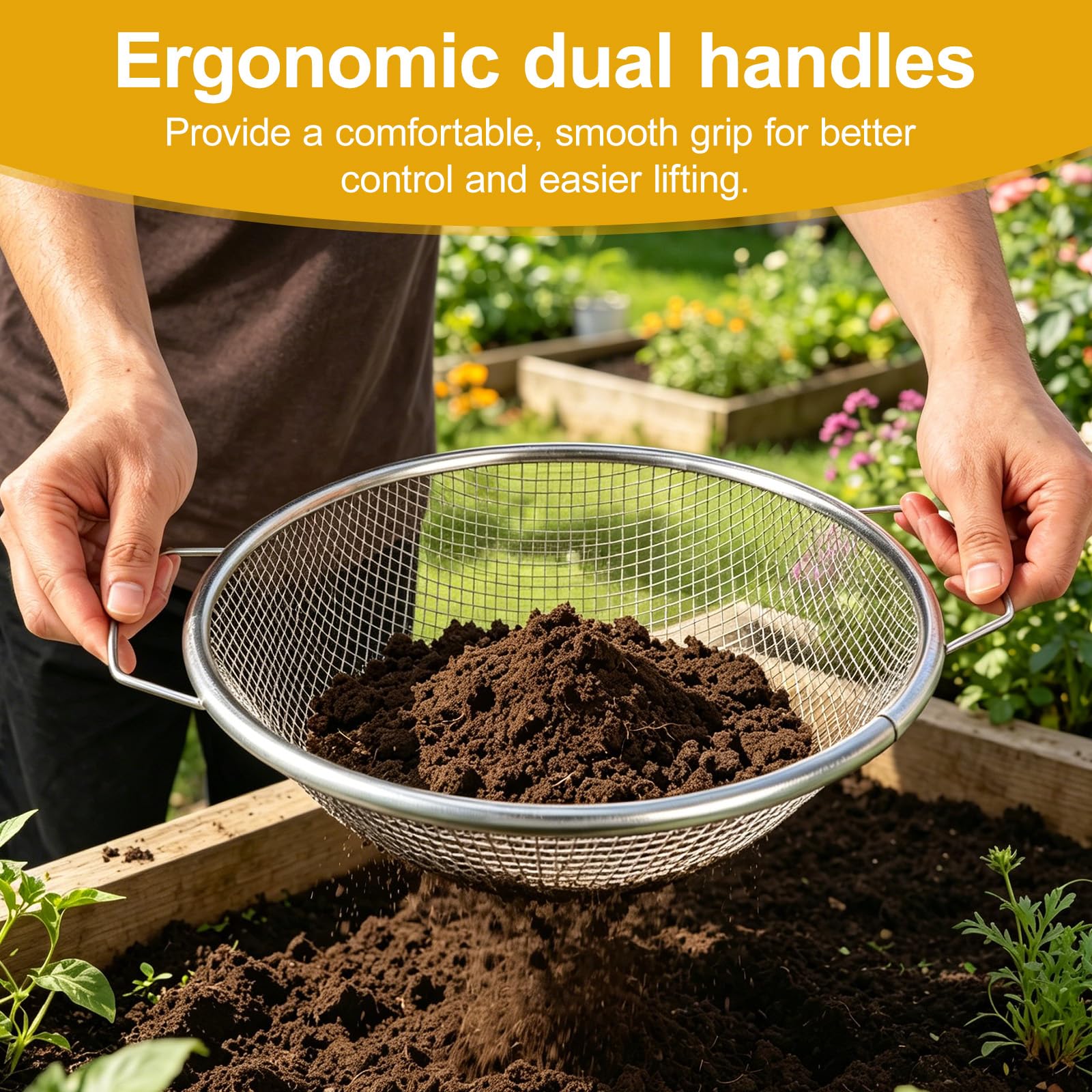 Lot de 4 Tamis Jardinage, Mailles de 3/6/8/10 mm avec Bac et Plateau Tamisage Robustes pour Sable Pierres Compost Gravier et Sciure Idéal pour Le Sable Les Pierres Le Compost la Sciure Bois
