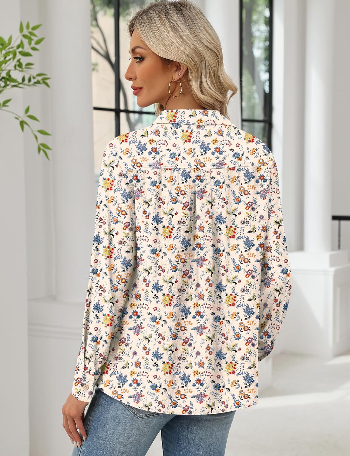 Kistore Womens Button Down Shirts Striped Linen Long Sleeve Blouses Business Casual Office Work Tops Loose Fit with Pockets - Image 4