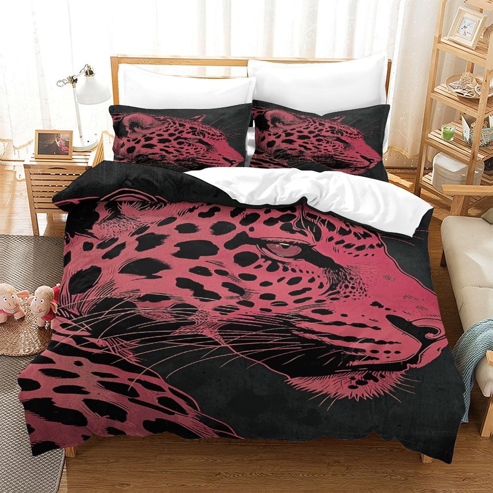 P1s9u7w5y Pink Jaguar Wild Animal 3D Printed Duvet Cover Set 3Pcs Microfiber Leopard Bedding Set King（220X240cm）