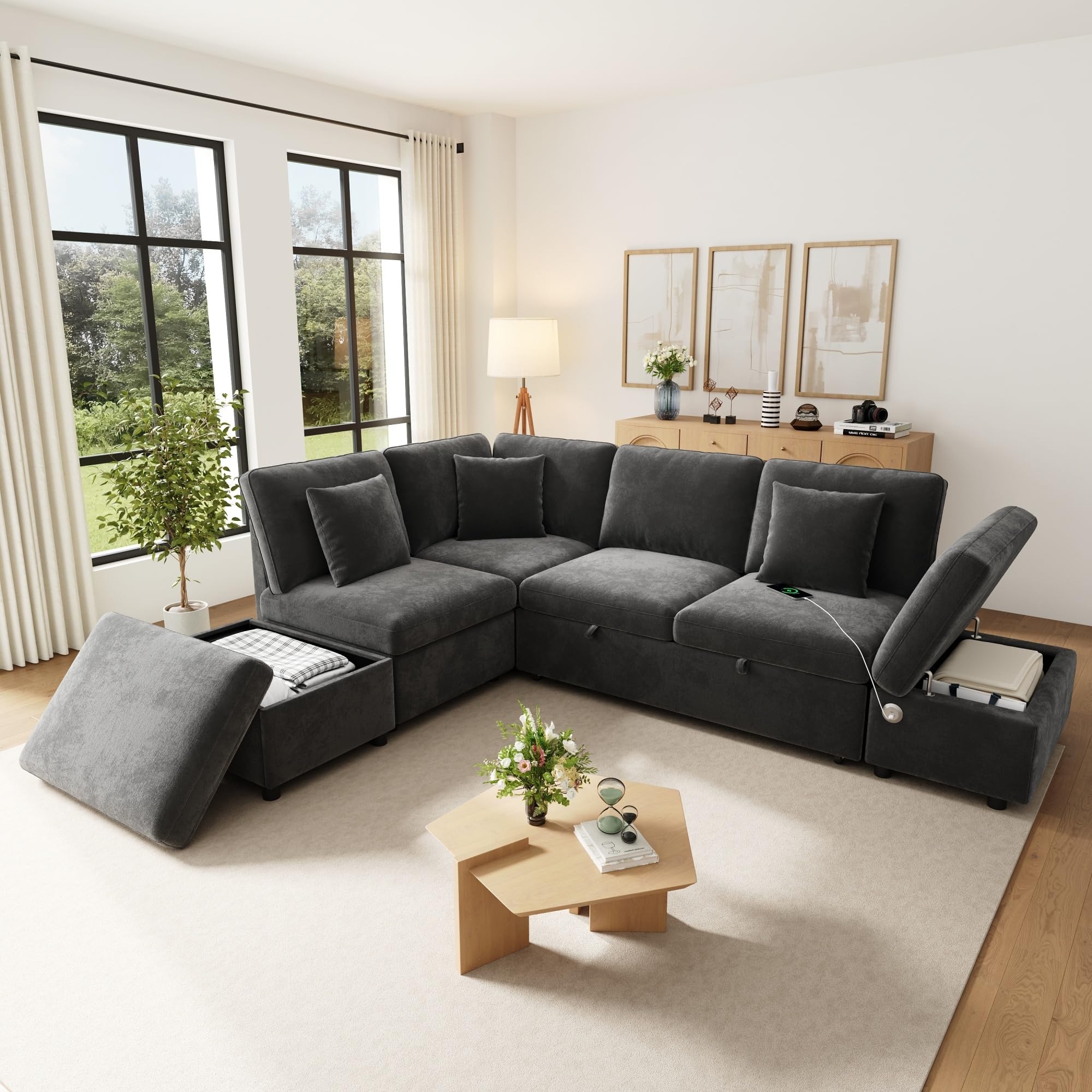 Canapé d'angle 6 Places Forme L Modulable RéVersible Gauche Droite, Fonction Convertible Lit Gigogne, Pouf De Rangement Amovible, Ports USB Type C, 3 Coussins Fournis