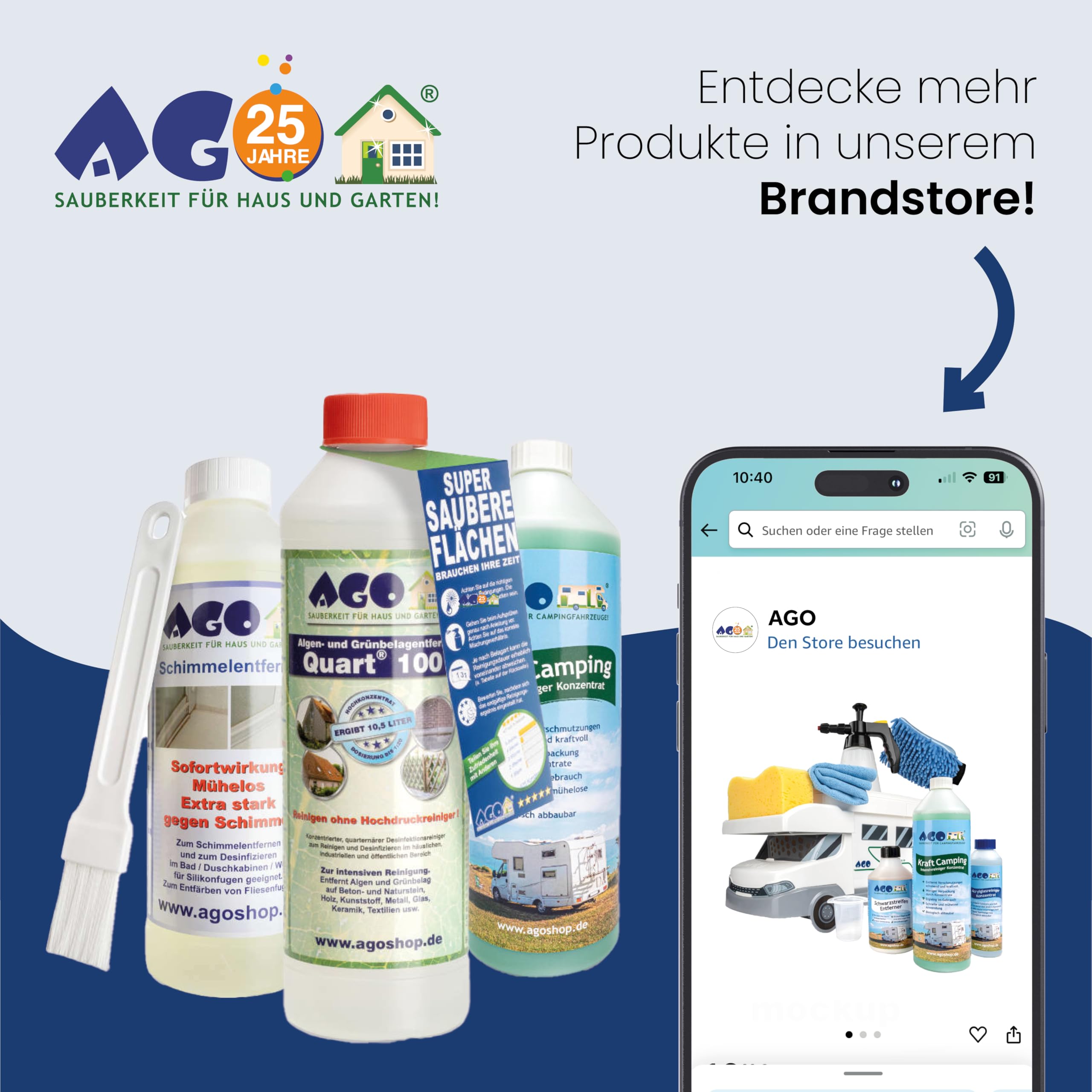 AGO Caravan Reiniger Komplett Set 9-teilig/Intensiv Wohnwagen Reiniger außen, Acrylglas Reiniger & Schwarzstreifen-Entferner/Inklusive Eimer und weiterem Putzzubehör