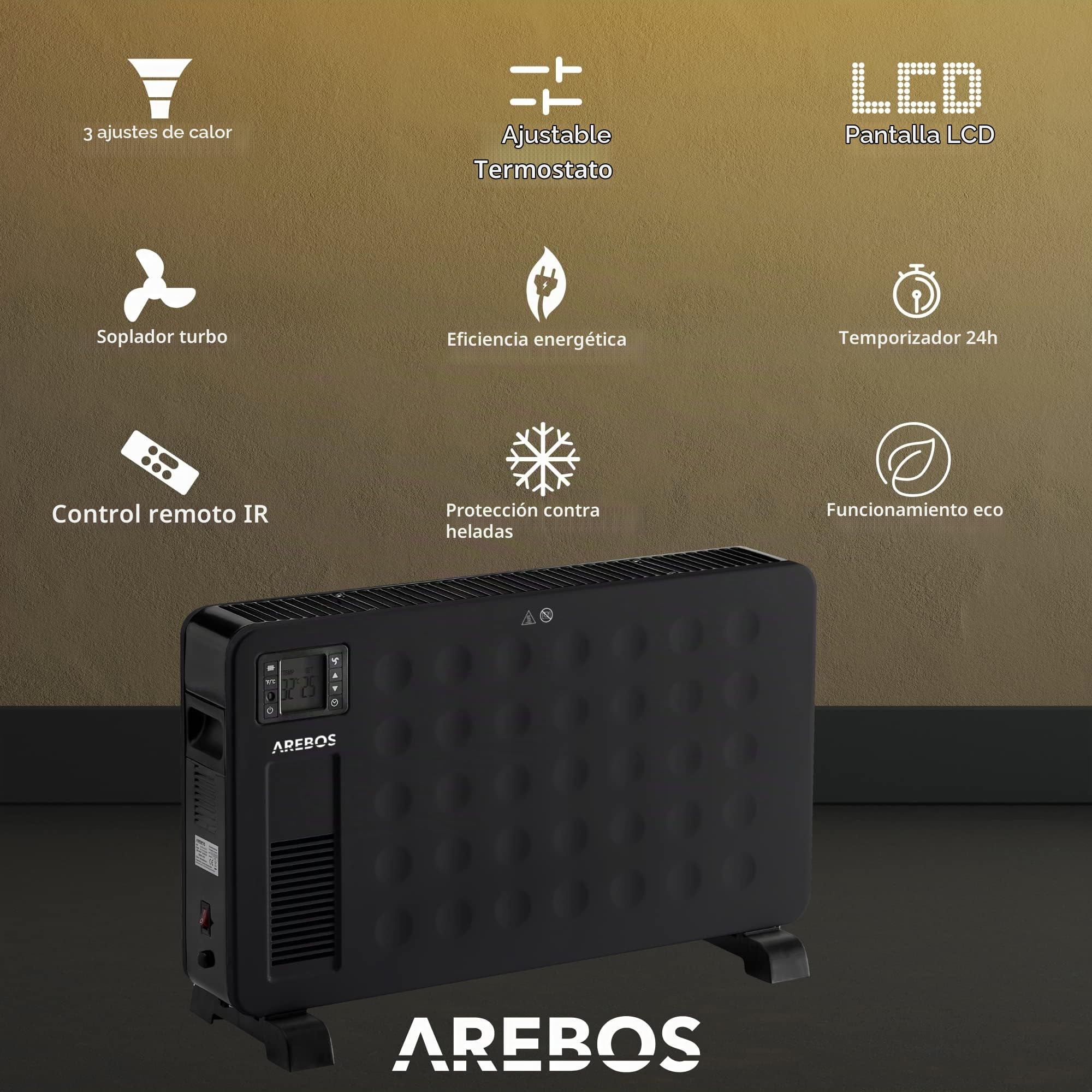 Arebos Calefactor Bajo Consumo 2300 W | Radiador Electrico con 3 posiciones de calor | Convector Electrico Bajo Consumo | Temporizador | Negro