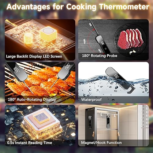 Miniatura 5 de Termómetro digital para carne con lectura instantánea, impermeable, pantalla retroiluminada, sonda de alimentos para cocinar, barbacoa, lectura