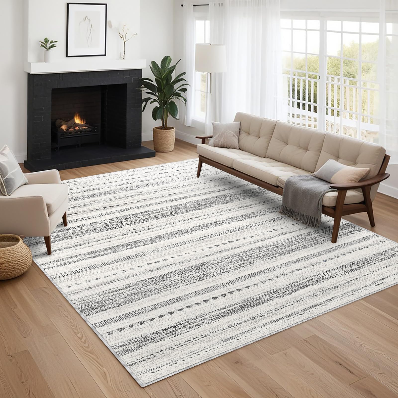 Moroccan 5x7 Area Rug: Soft Ultra Thin Machine Washable Farmhouse Area Rugs for Living Room Non-Slip Neutral Modern Geometric Indoor Floor Carpet for Bedroom Under Dinning Table Beige/Grey