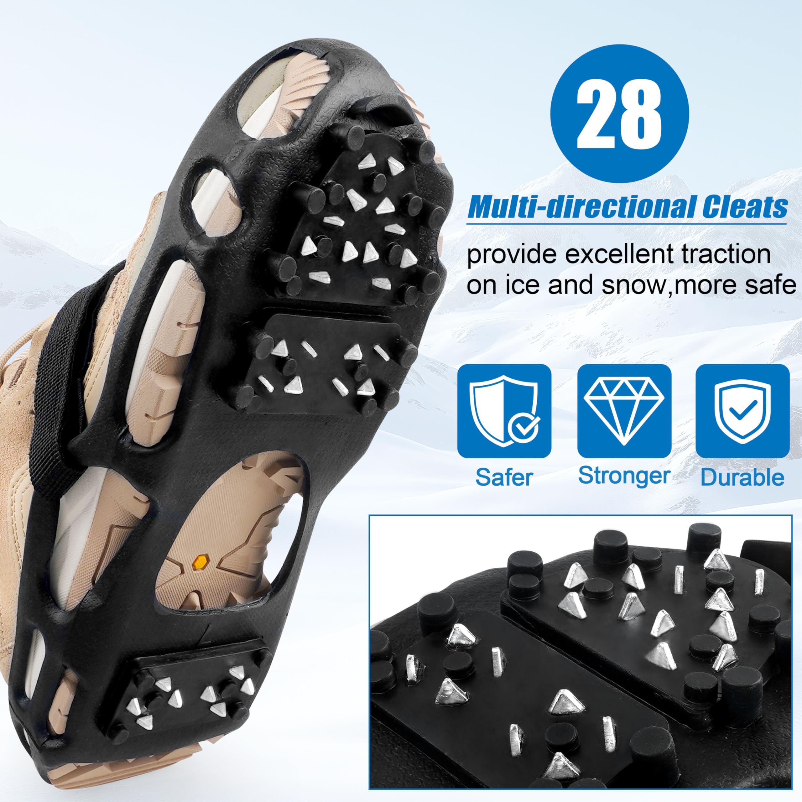 Knagi do lodu Snow Walk Traction Cleats Raki do chodzenia po śniegu i lodzie, ulepszenie 28 kolców, antypoślizgowa guma, antypoślizgowe raki, wsuwane, rozciągliwe obuwie