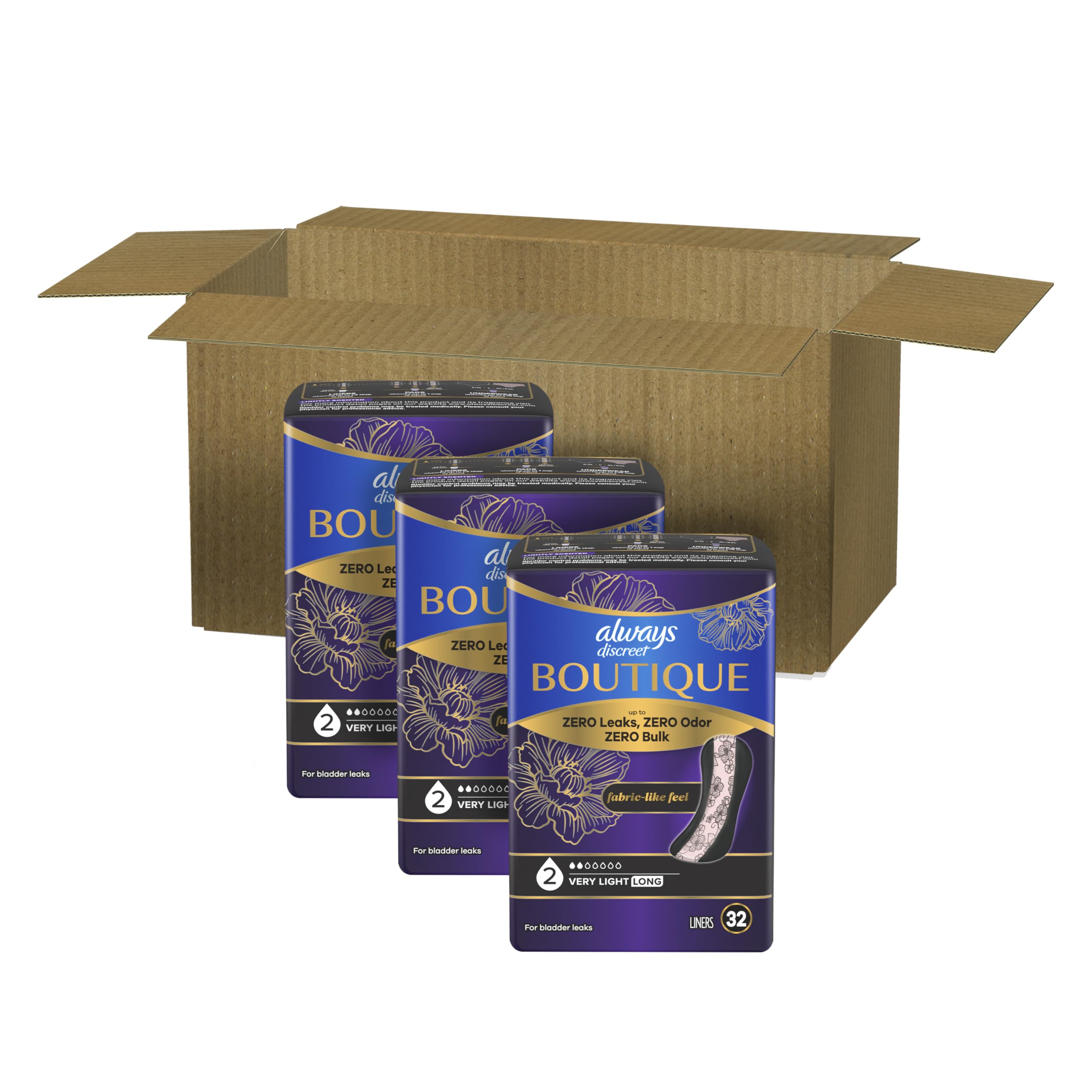 Always Discreet Boutique - Fodere per incontinenza, assorbenti molto leggeri, 96 punti, lunghezza lunga (3 confezioni da 32 – 96 pezzi totali)