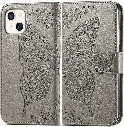 Miniatura 9 de Funda compatible con iPhone 14 tipo cartera para mujer, de piel sintética con relieve de mariposa, funda tipo folio, tarjetero y ranuras para
