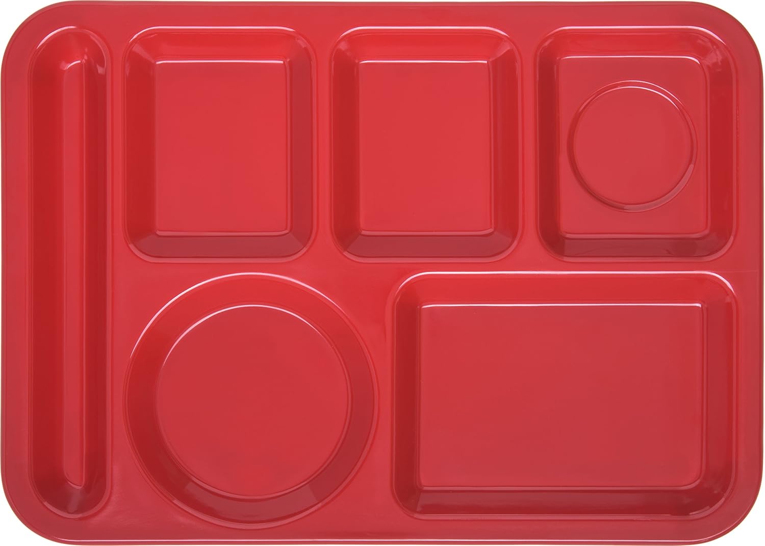 Carlisle FoodService Products Plastic Meal Tray Left-Handed Heavyweight Lunch Tray with 6-Compartments for Schools, Cafeterias, and Dining Halls, Melamine, 14 x 10 Inches, Red, (Pack of 12)